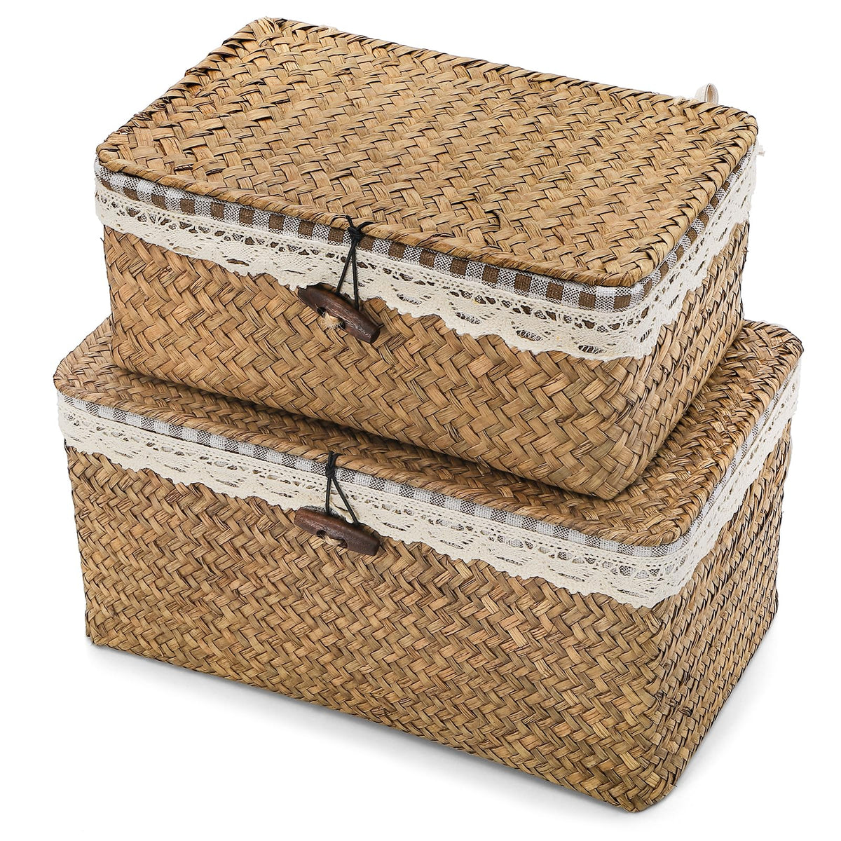 Yesland 2 Pack Seagrass Storage Baskets with Lids and Removable Liner, Handwoven Wicker Organizer Bins for Closet Shelf, Bedroom
