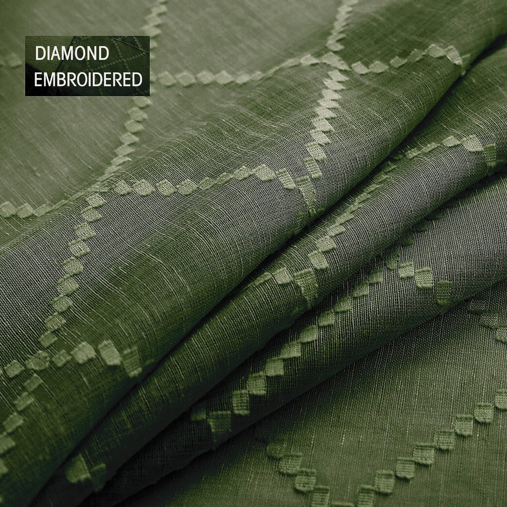 Olive Green 52X96 Inches Long Grommet Diamond Linen Look Sheer Curtains