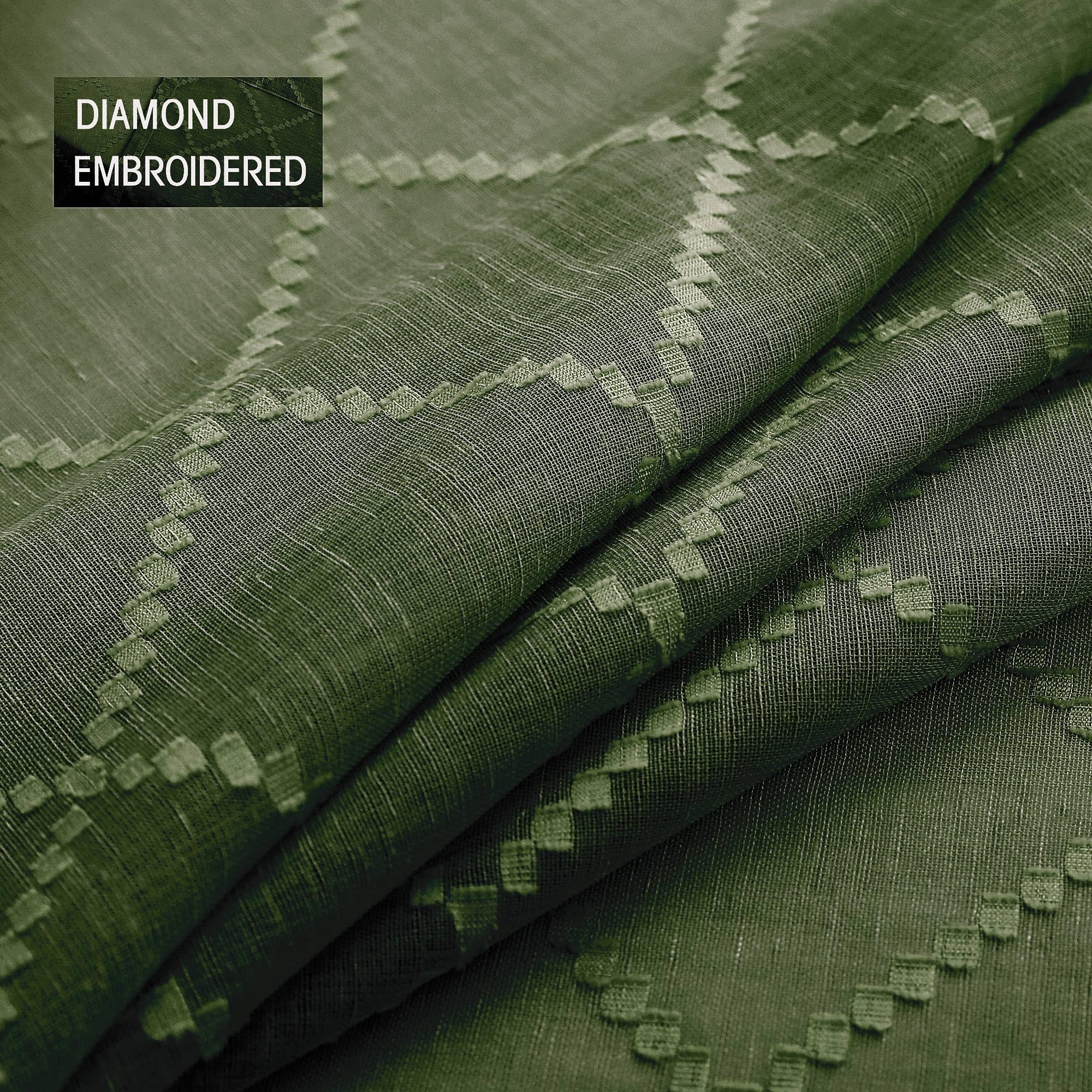 Olive Green 52X96 Inches Long Grommet Diamond Linen Look Sheer Curtains