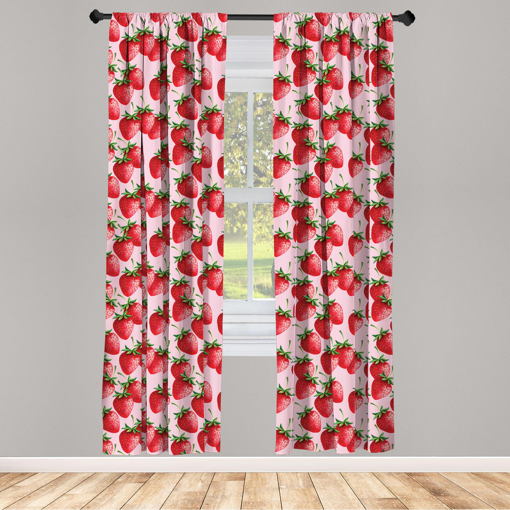 Ambesonne Fruit Window Curtains Pack Of 2, Delicious Big Strawberries On Pink Background Tasty Juicy Ripe Summer Fruits, Lightwe