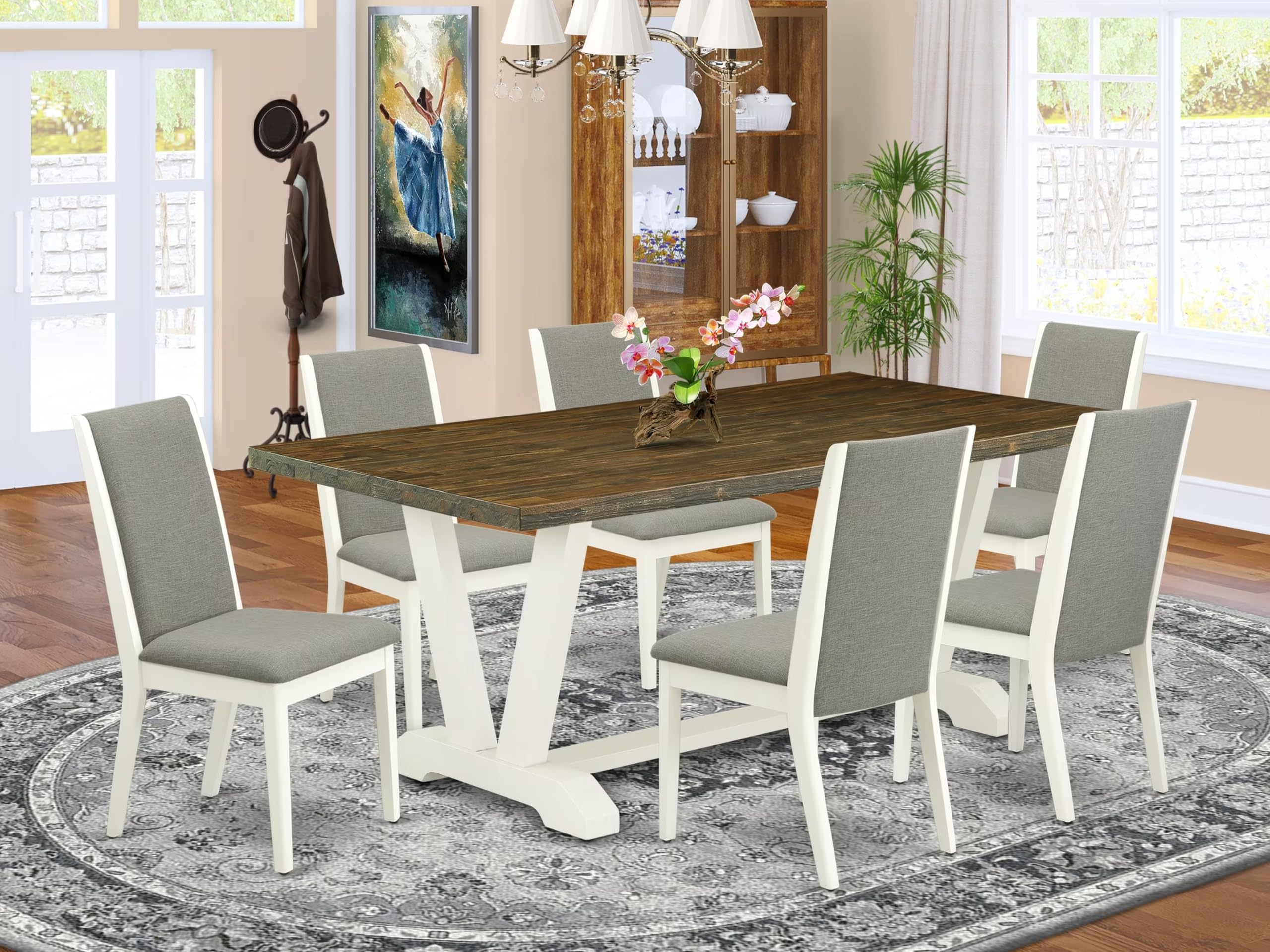 East West Furniture V077La206-7 7 Piece Dinette Set Consist Of A Rectangle Dining Table With V-Legs And 6 Shitake Linen Fabric Parson Dining Room Chairs, 40X72 Inch, Multi-Color