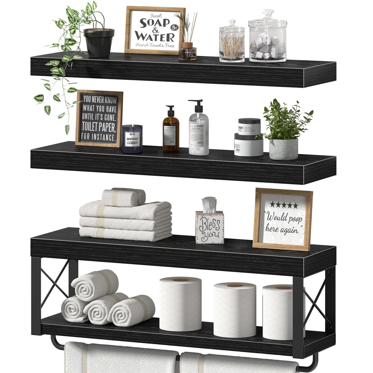 QEEIG Bathroom Shelves Over Toilet (Black, Set of 3, 23.6)