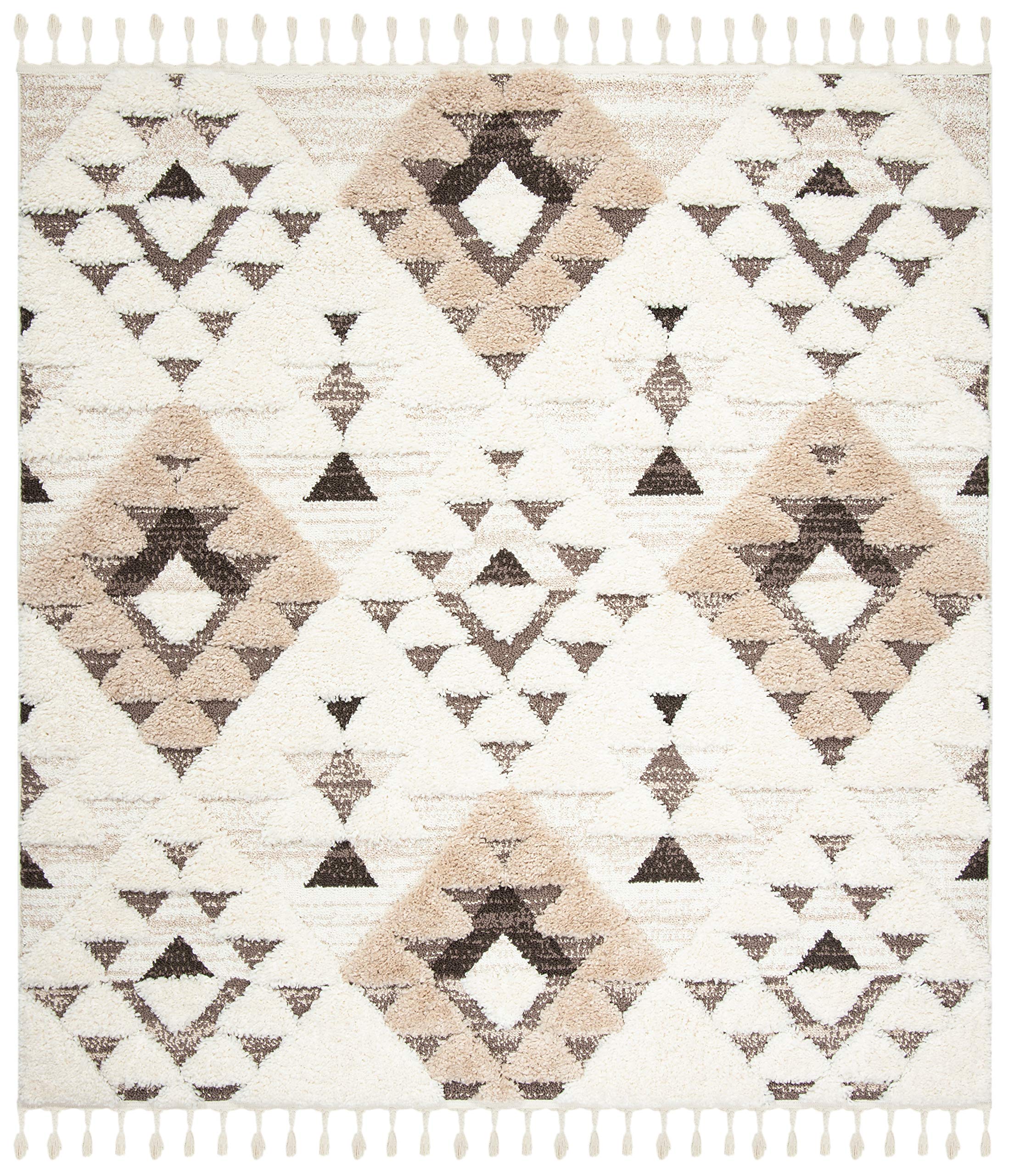 Safavieh Moroccan Tassel Shag Collection Area Rug - 12 Square, Ivory/Brown, Geometric Design, Plush 1.5 Inch Thick Ideal for Hi