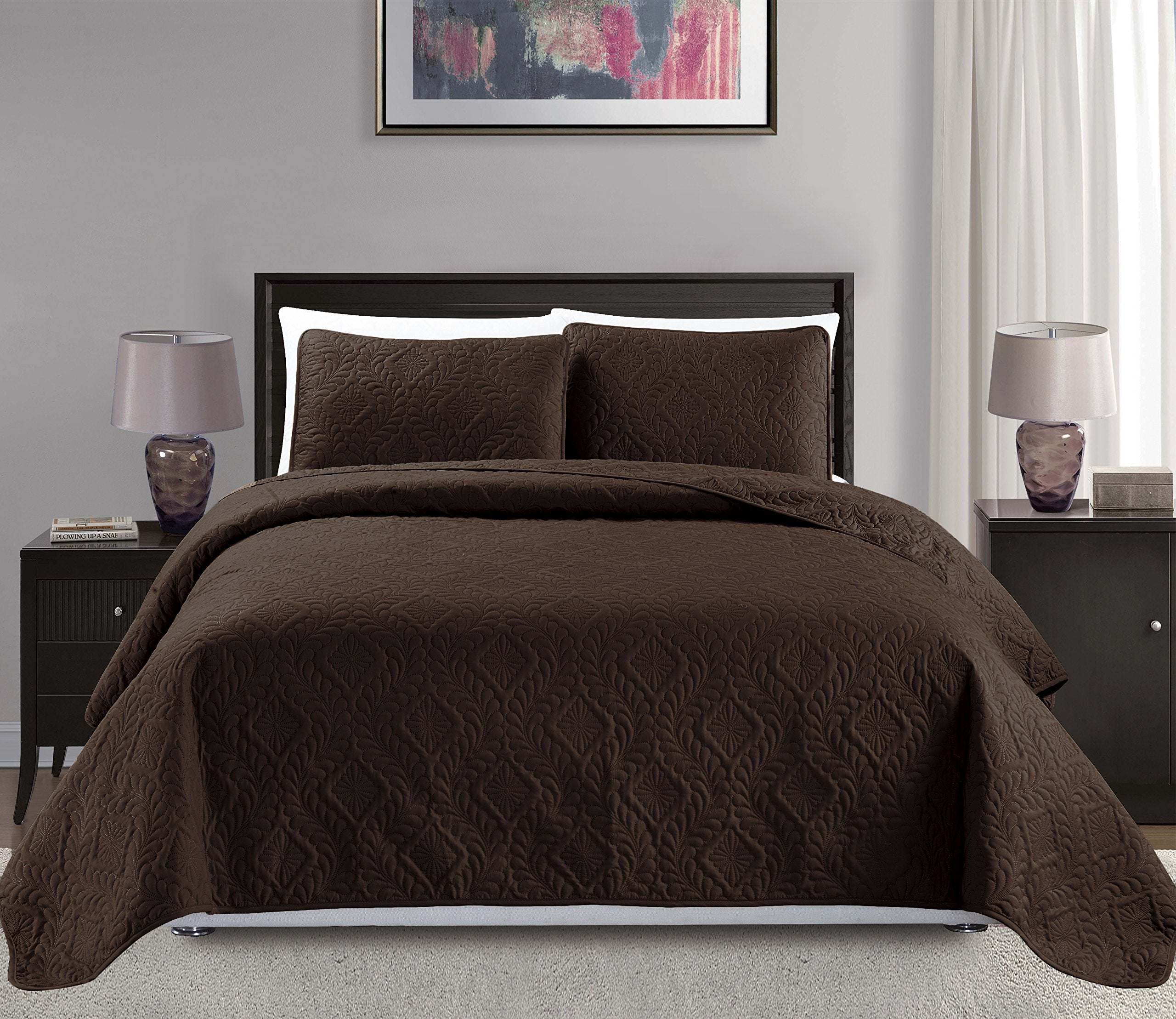 Mk Collection 3Pc Fullqueen Over Size Diamond Bedspread Bed Cover Embossed Solid Brownchocolate New