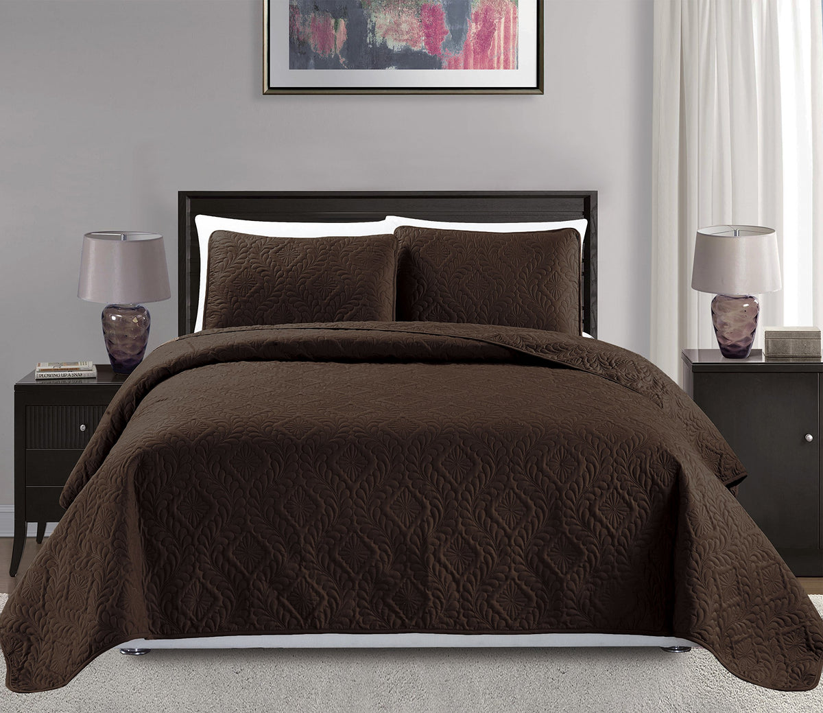 Mk Collection 3Pc Fullqueen Over Size Diamond Bedspread Bed Cover Embossed Solid Brownchocolate New
