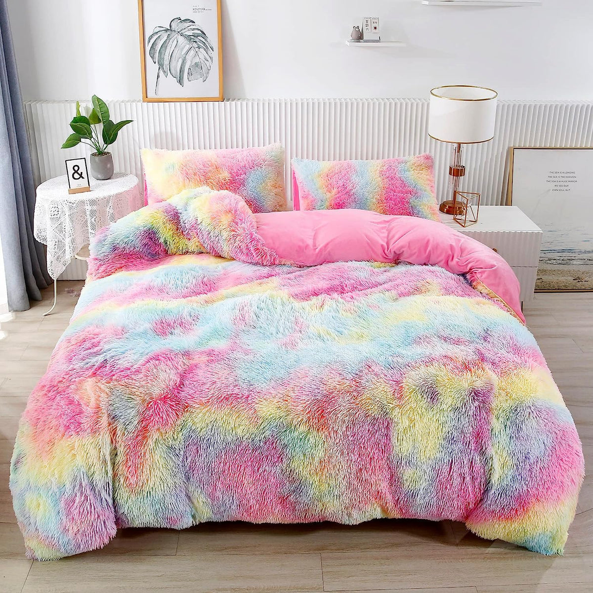 Rynghipy 3Pcs Ultra Soft Long Hair Plush Shaggy Duvet Cover With Pillowcases, Colorful Tie Dye Fluffy Velvet Bedding Set With Hi