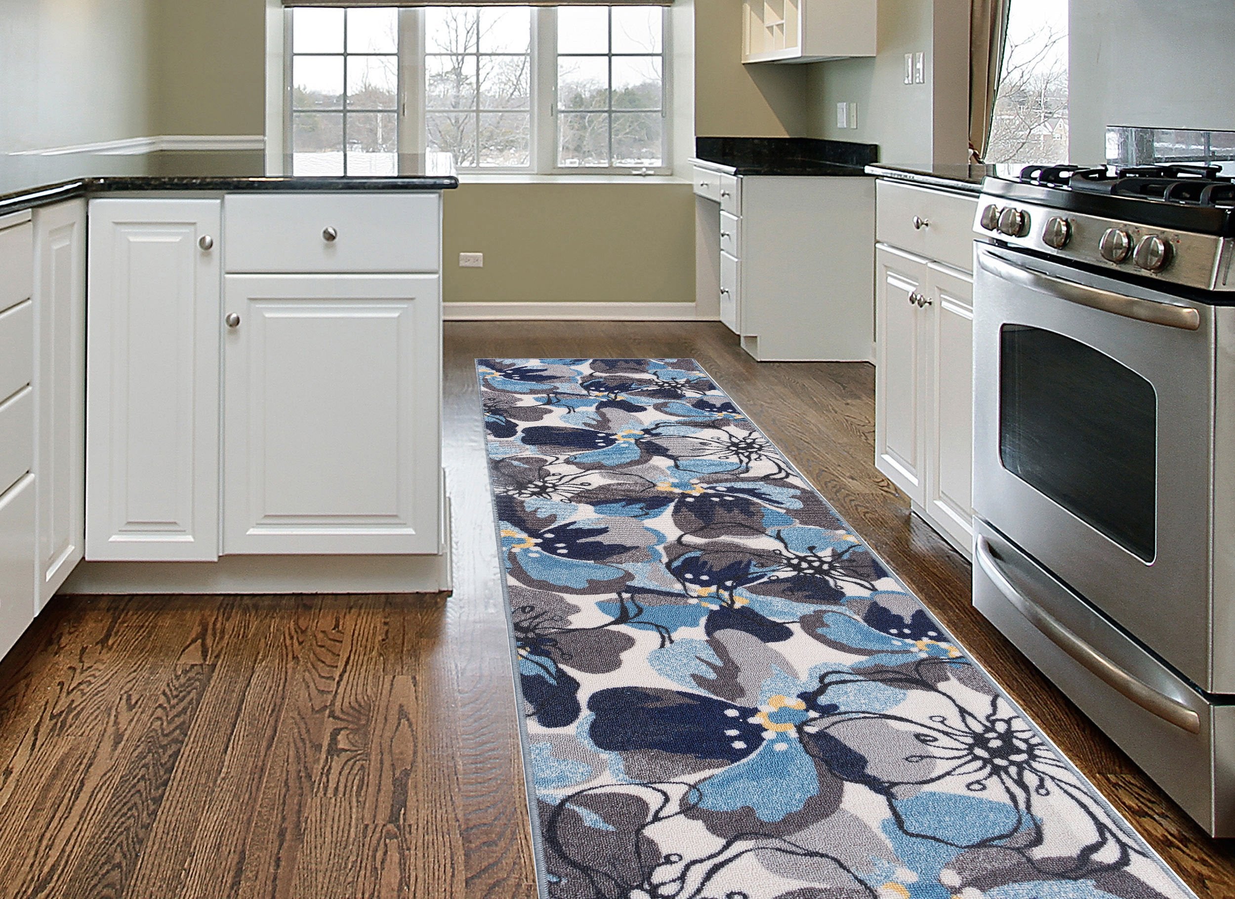 Rugshop Modern Large Floral Non-Slip (Non-Skid) Runner Rug 2 x 10 Gray-Blue