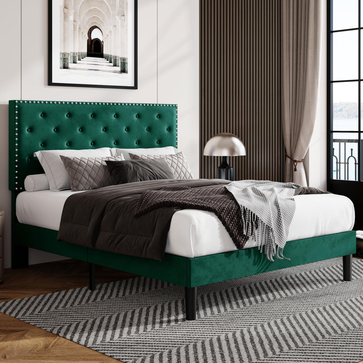 Allewie Full Size Velvet Upholstered Platform Bed Frame With Adjustable Diamond Button Tufted And Nailhead Trim Headboard, Wood Slat Support, Easy Assembly, No Box Spring Needed, Dark Green