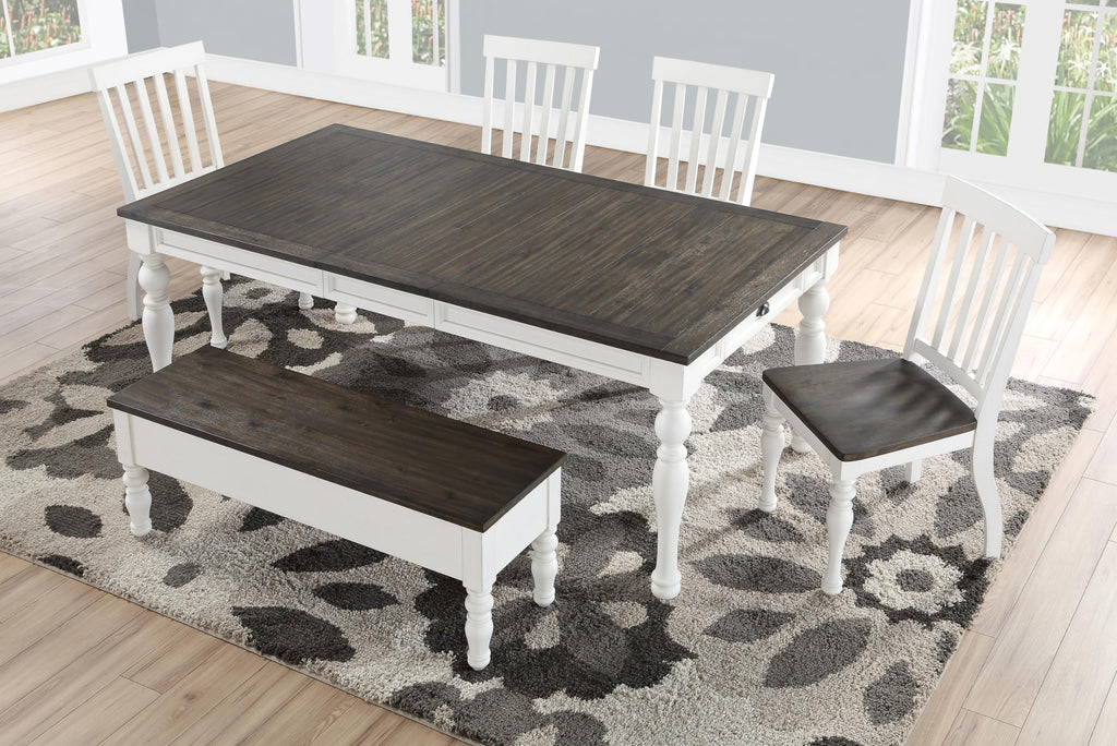 Steve Silver Co Classic Farmhouse Extendable Dining Plank Effect Top, Turned Legs, White Table, 80" L x 40" W x 30" H, Two-tone Ivory and Charcoal