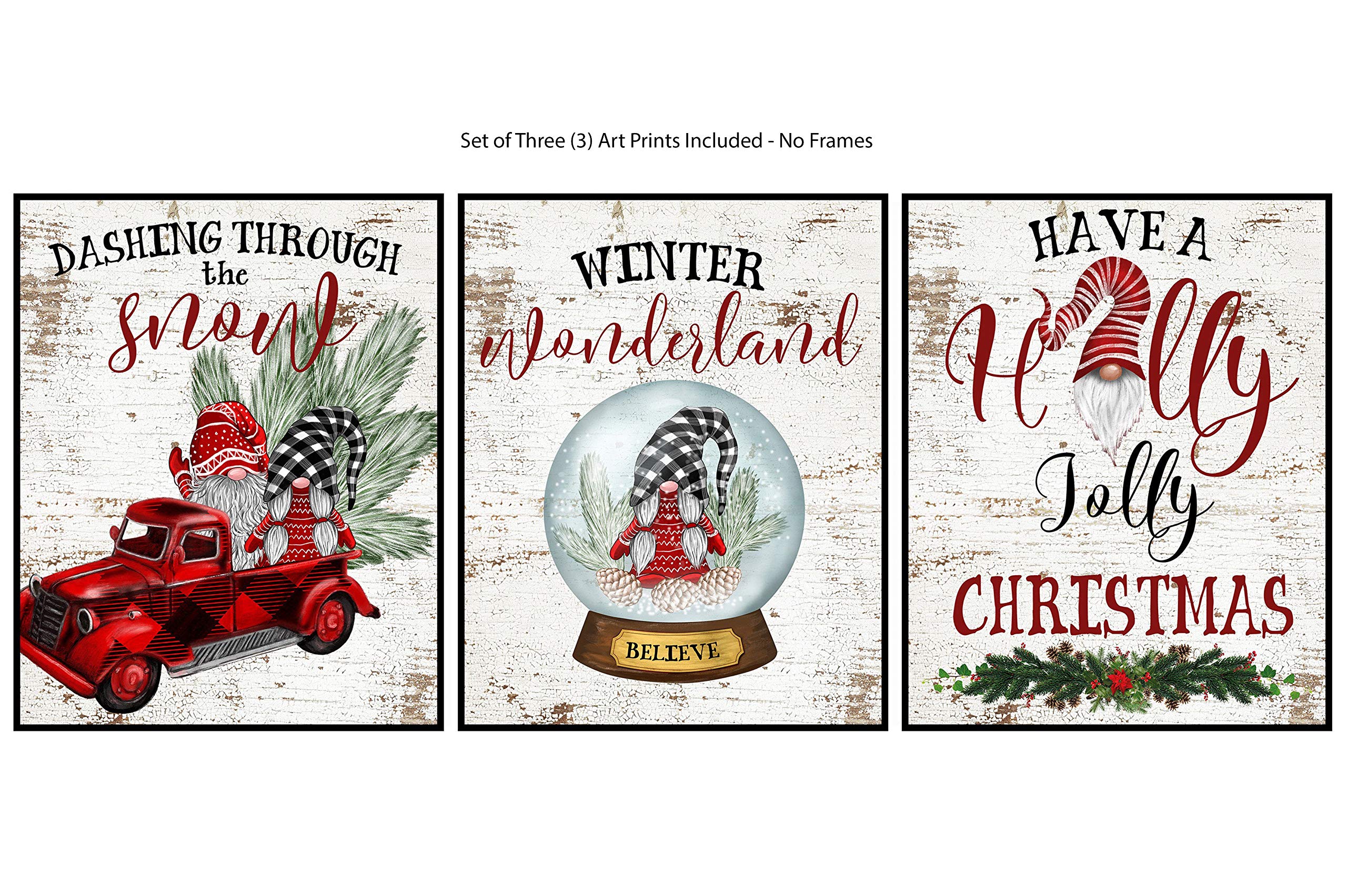 Vintage Themed Beautiful Christmas Art Print Wall Art Sets (Gnomes Truck Set)