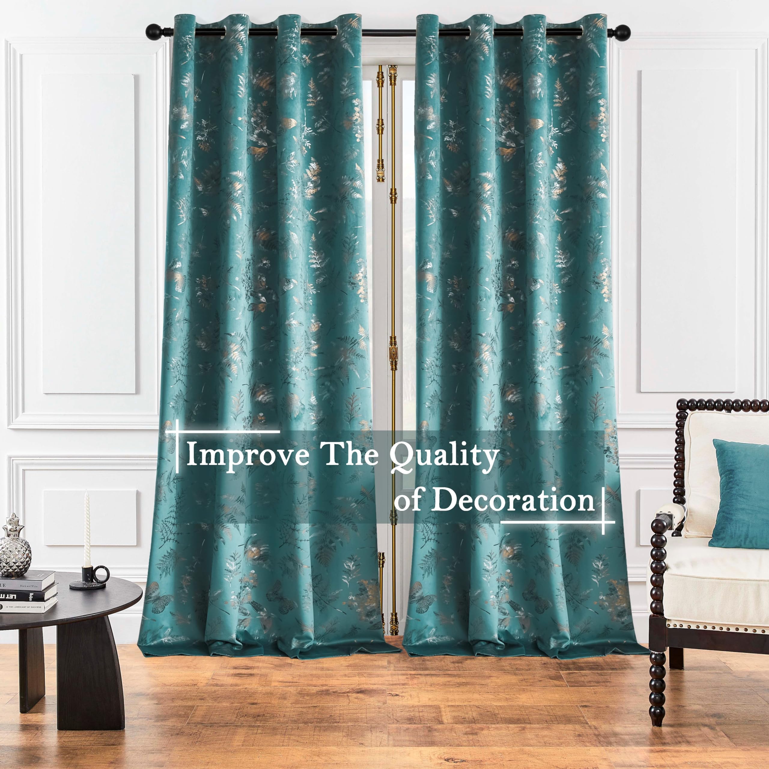 Smiletime Lake Blue Velvet Curtains Thermal Insulated Soft Privacy Noise Reducing Light Filtering Leaf & Butterfly Pattern Velve