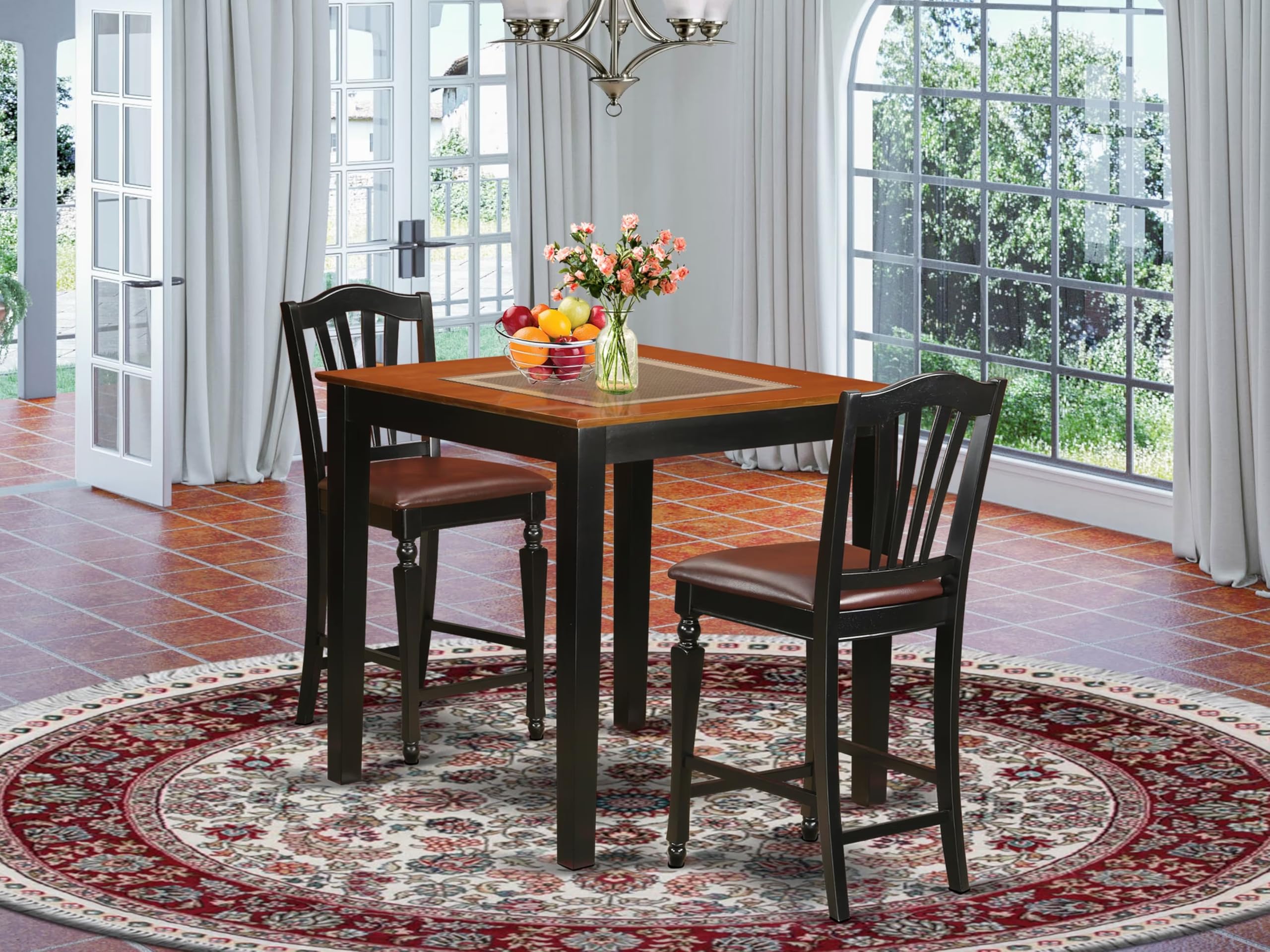 East West Furniture PBCH3-BLK-LC 3 Piece Kitchen Counter Height Dining Table Set Contains a Square Pub Table and 2 Faux Leather Upholstered Chairs, 36x36 Inch, Black & Cherry