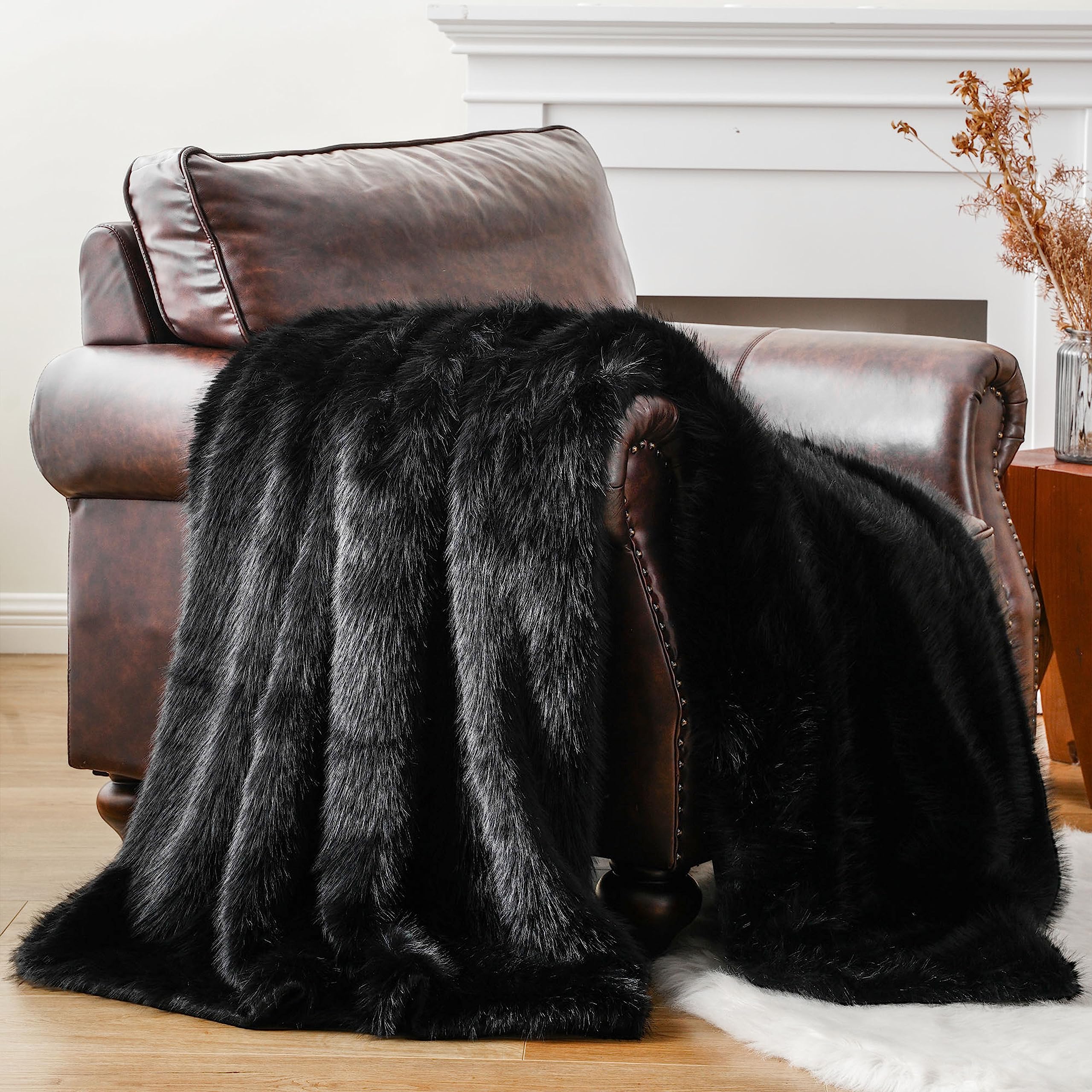 Battilo Home Luxury Fluffy Black Faux Fur Throw Blanket, Black Blanket For Couch, Sofa, Chair, Bed, Plush Fuzzy Cozy Fur Throws
