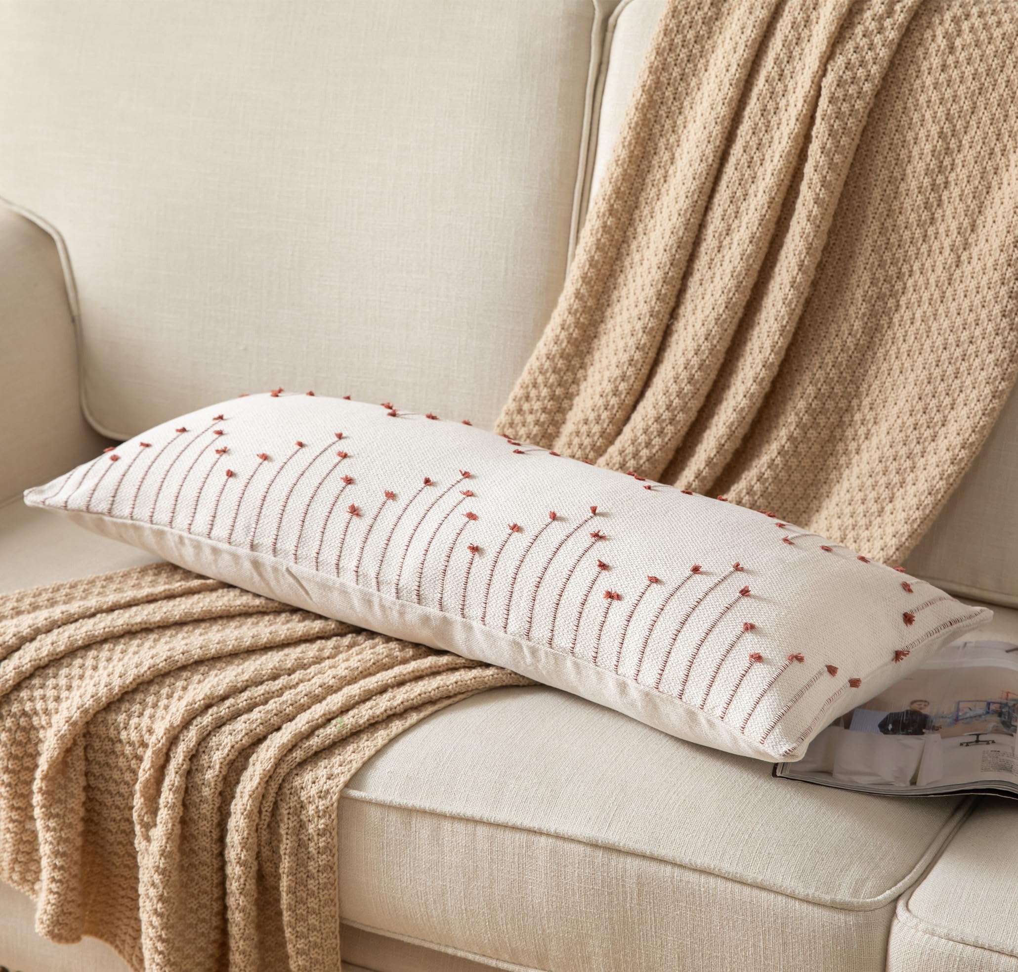 Caflife Boho Lumbar Pillow Cover 14X36 Long Pack Of 1 Decorative Pillows Bed, Beige With Rust Body Throw Pillow Covers, For Mode
