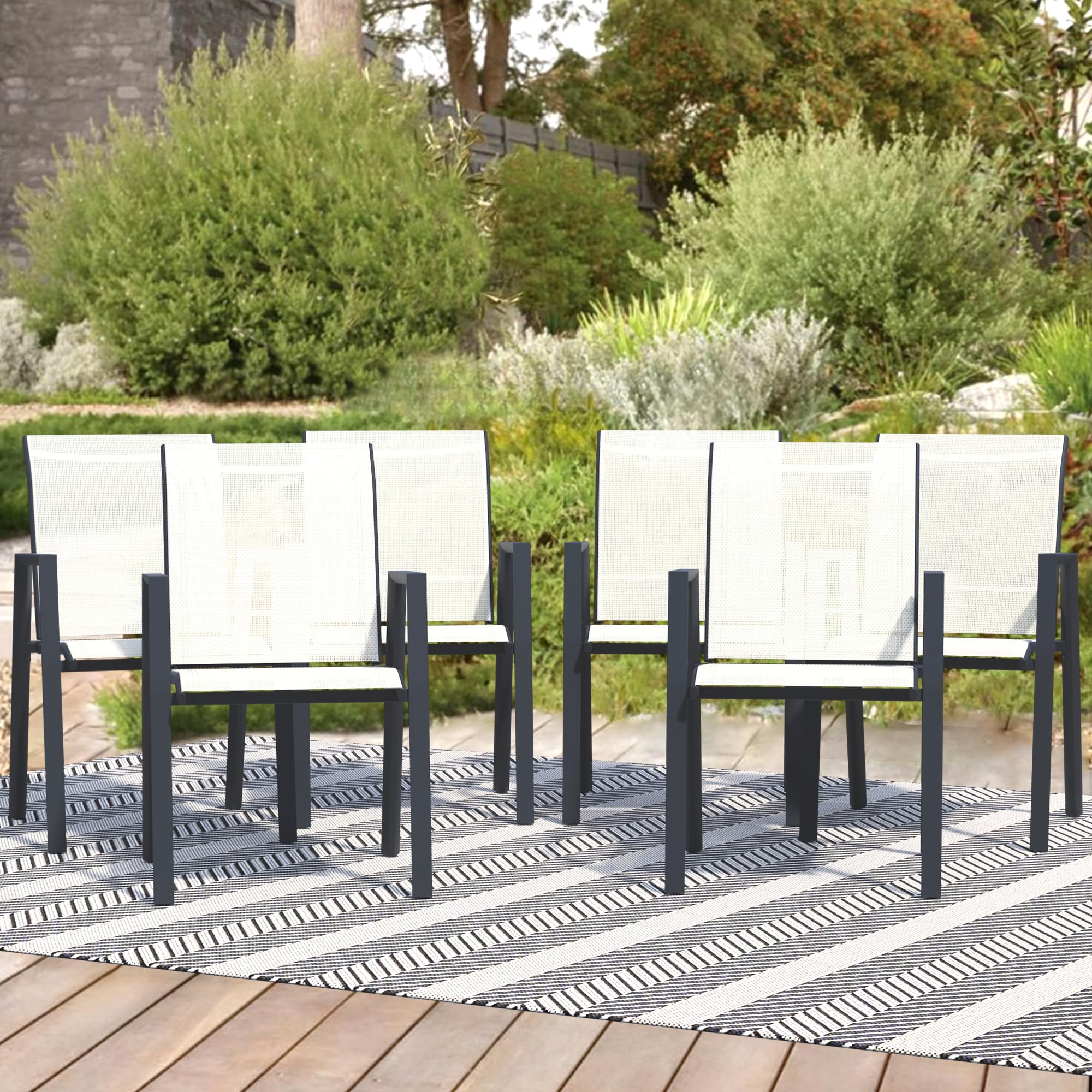 Outdoor Patio Chairs Set Of 6, Blue Stackable Patio Chairs, Sling Chairs With High Back, Metal Outdoor Chairs For Lawn, Garden,