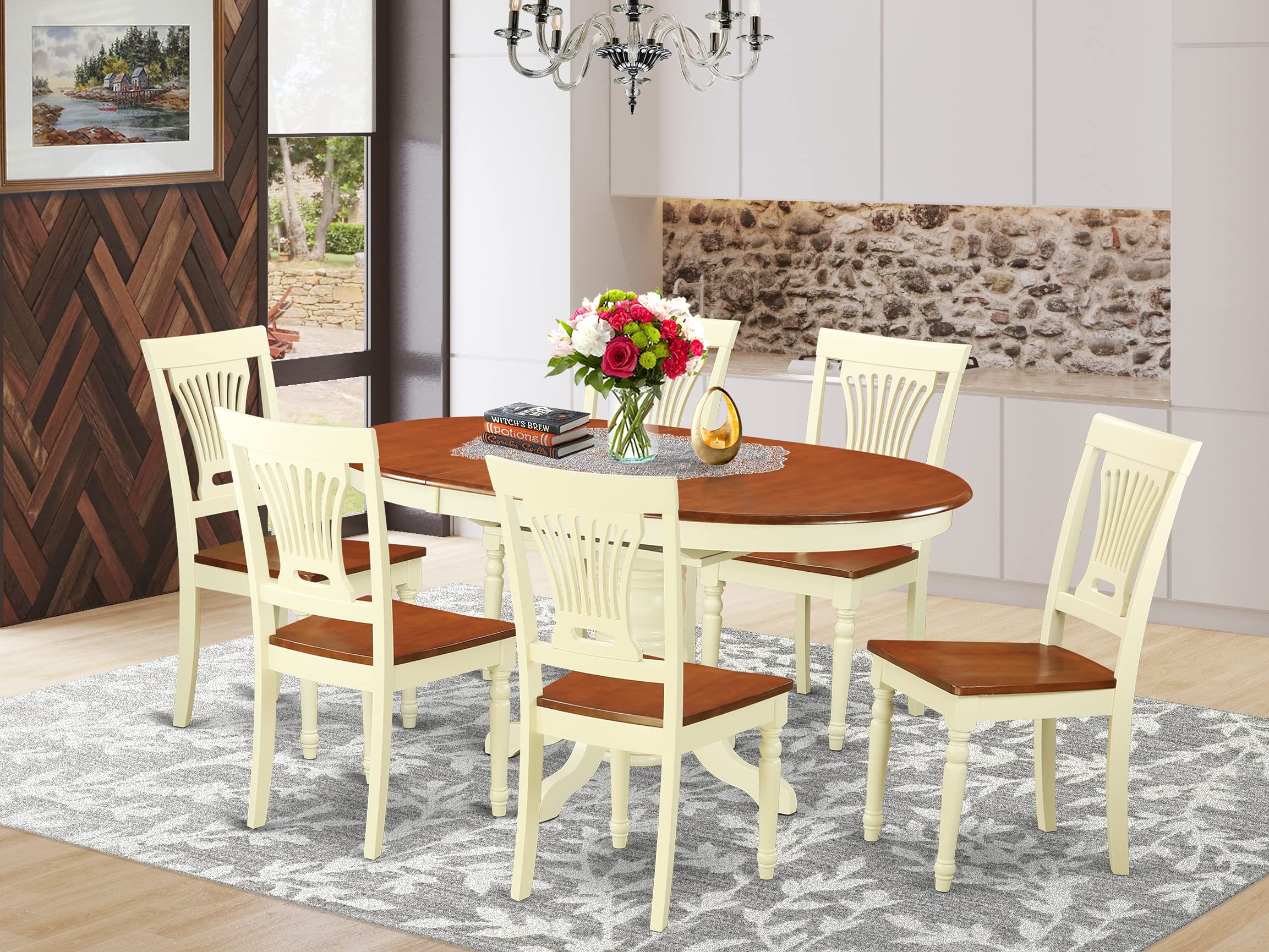 East West Furniture KEPL7-WHI-W 7 Piece Dining Room Table Set Consist of an Oval Kitchen Table with Butterfly Leaf and 6 Dining Chairs, 42x60 Inch, Buttermilk & Cherry