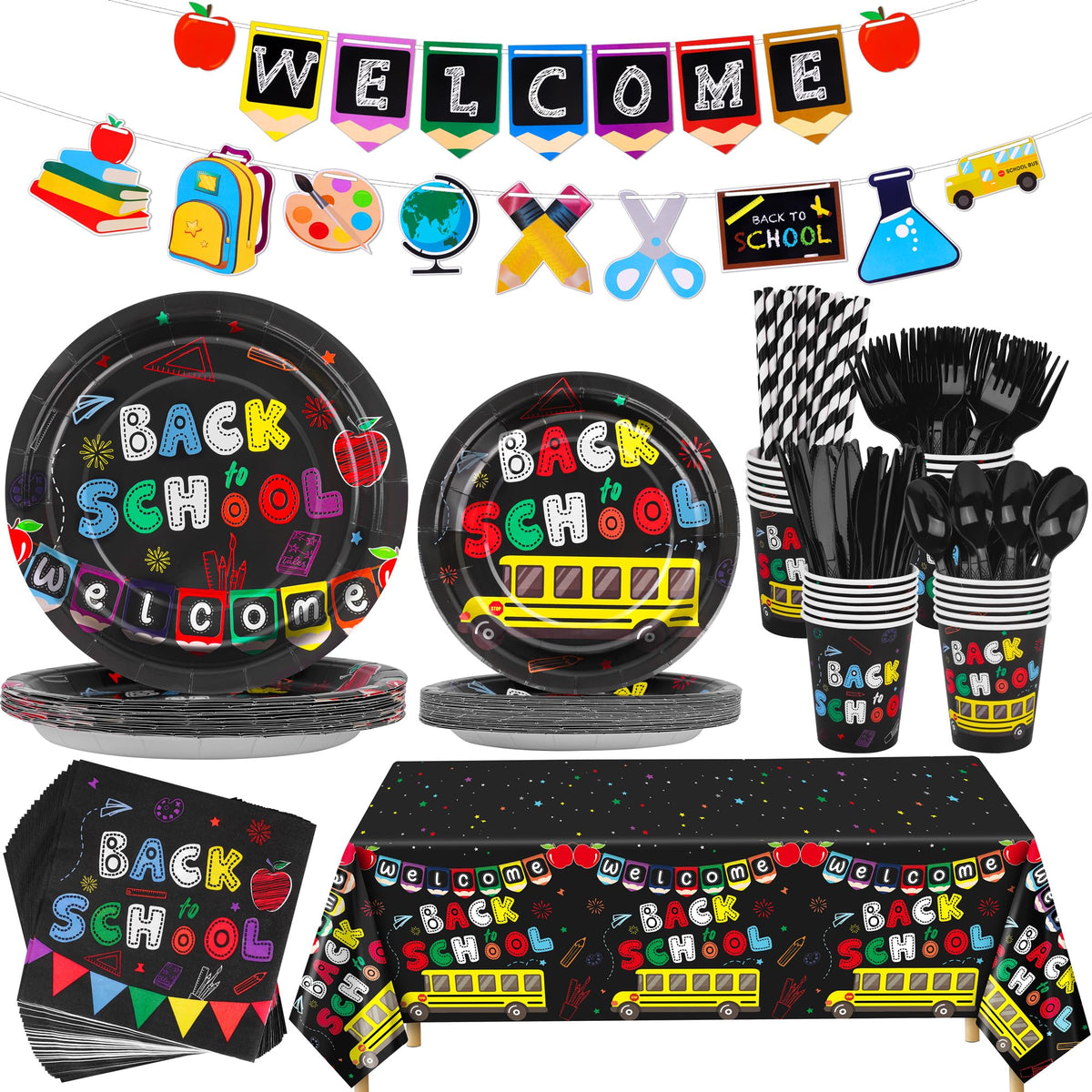 durony 195 Pieces Back to School Party Tableware Set Serves 24 Guests Disposable Back to School Party Plates and Napkins Welcome