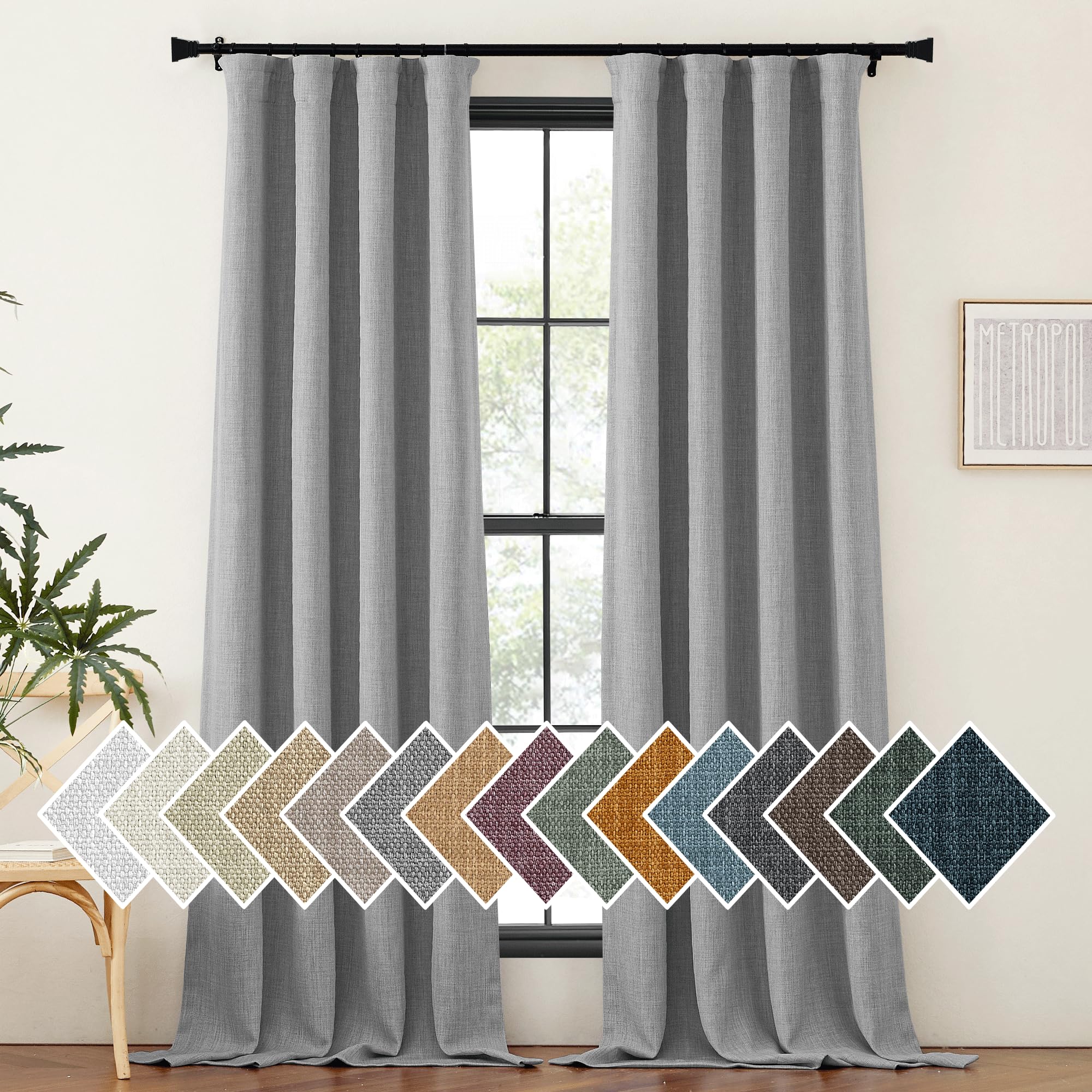 Nicetown Thick Faux Linen Light Grey Curtains For Living Room, Dual Rod Pockets & Hook Belt Room Darkening Window Treatments Sou
