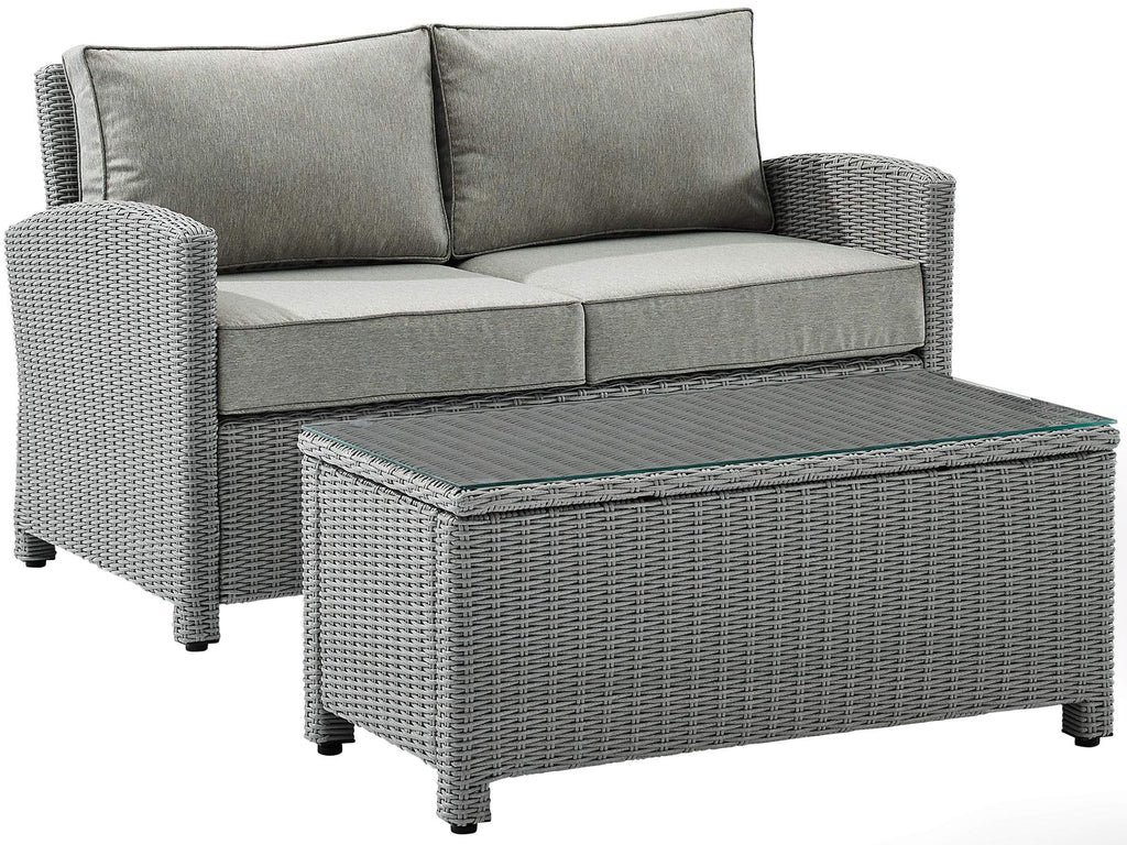 Crosley Furniture Bradenton 2-Piece Wicker Outdoor Coffee Table and Loveseat Patio Furniture Set for Porch, Gray with Gray Cushions