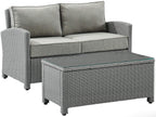 Crosley Furniture Bradenton 2-Piece Wicker Outdoor Coffee Table and Loveseat Patio Furniture Set for Porch, Gray with Gray Cushions