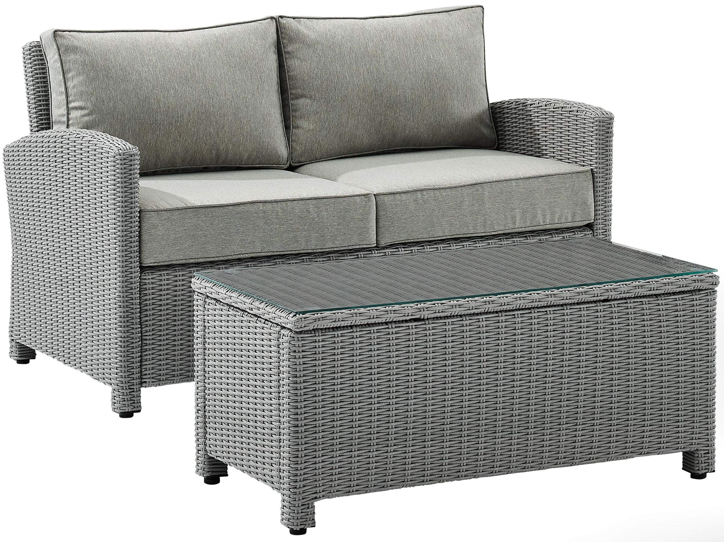 Crosley Furniture Bradenton 2-Piece Wicker Outdoor Coffee Table and Loveseat Patio Furniture Set for Porch, Gray with Gray Cushions