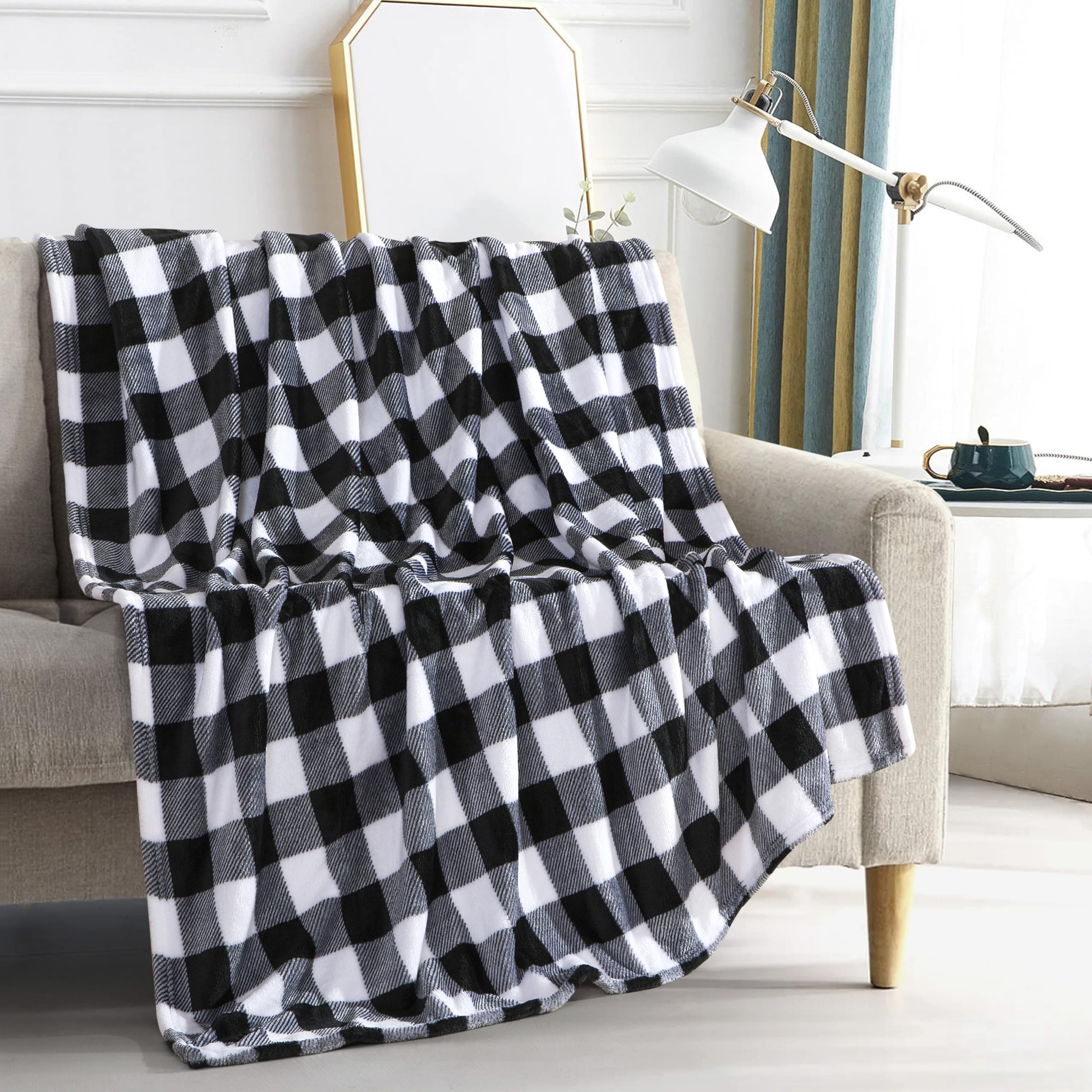 Elegant Comfort Velvet Touch Ultra Plush Christmas Holiday Buffalo Plaid Fleece Throw/Blanket-50 X 60Inch, Buffalo Black