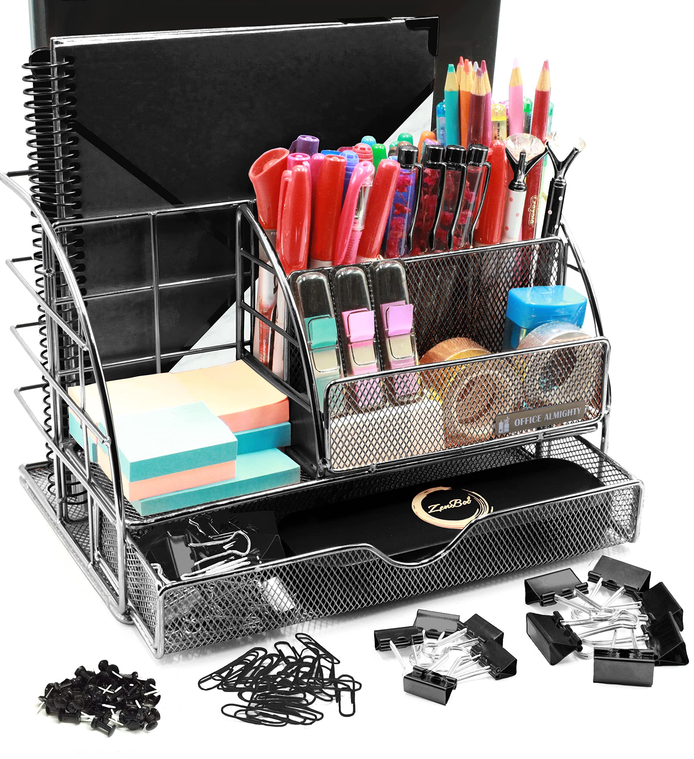Office Almighty Black Desk Organizer For Men: Exclusive Large 7 In 1 Mesh Shiny Metal Supplies Organizer With Pen Holders, Folde