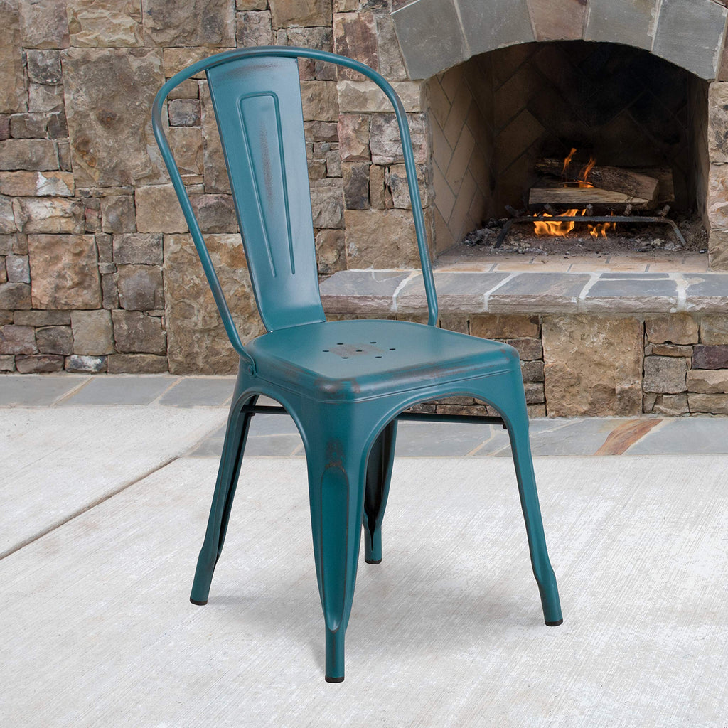 Flash Furniture Commercial Grade Distressed Kelly Blue-Teal Metal Indoor-Outdoor Stackable Chair