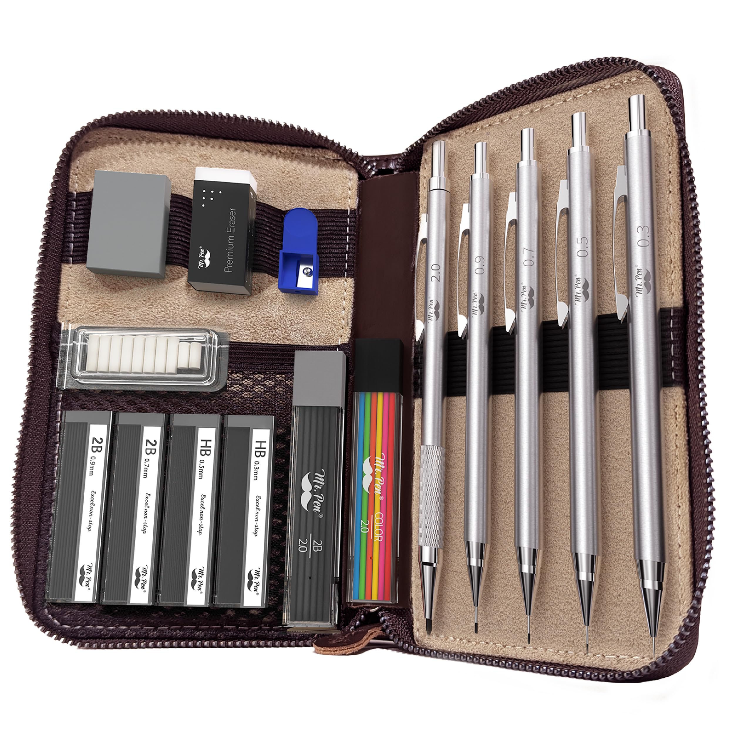Mr. Pen- Metal Mechanical Pencil Set In Leather Case, 5 Sizes, 0.3, 0.5, 0.7, 0.9, 2Mm, Mechanical Pencils, Sketching Pencils, D