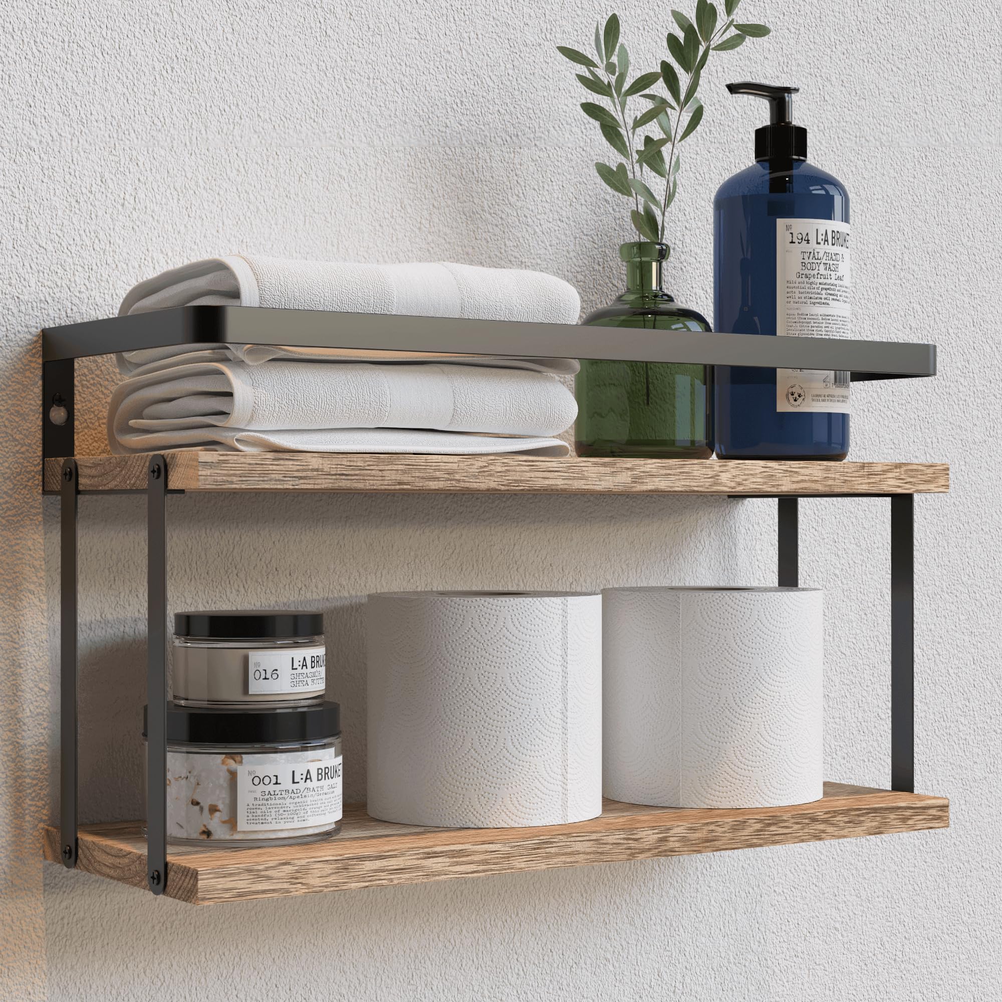 Richer House Dual-Level Guardrail Floating Shelves, Rustic Wood Shelf Wall Mounted, Over Toilet Paper Storage Shelf For Bathroom Wall Decor, Bathroom Organizers And Kitchen Storage - Rustic Wood