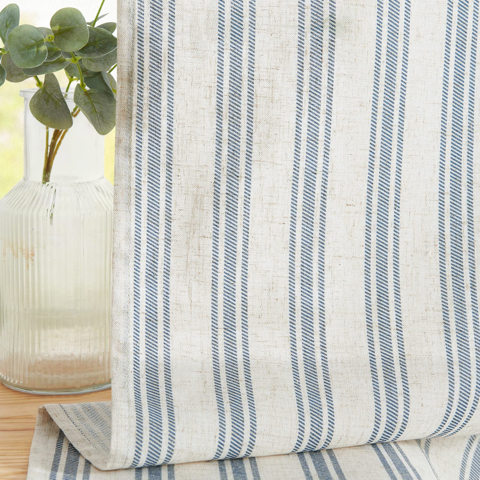 Jinchan Linen Kitchen Curtains Striped Tier Curtains 36 Inch Cafe Curtains Farmhouse Small Curtains Balanced Stripe Half Window Curtains Light Filtering For Bathroom Laundry 2 Panels Blue On Beige