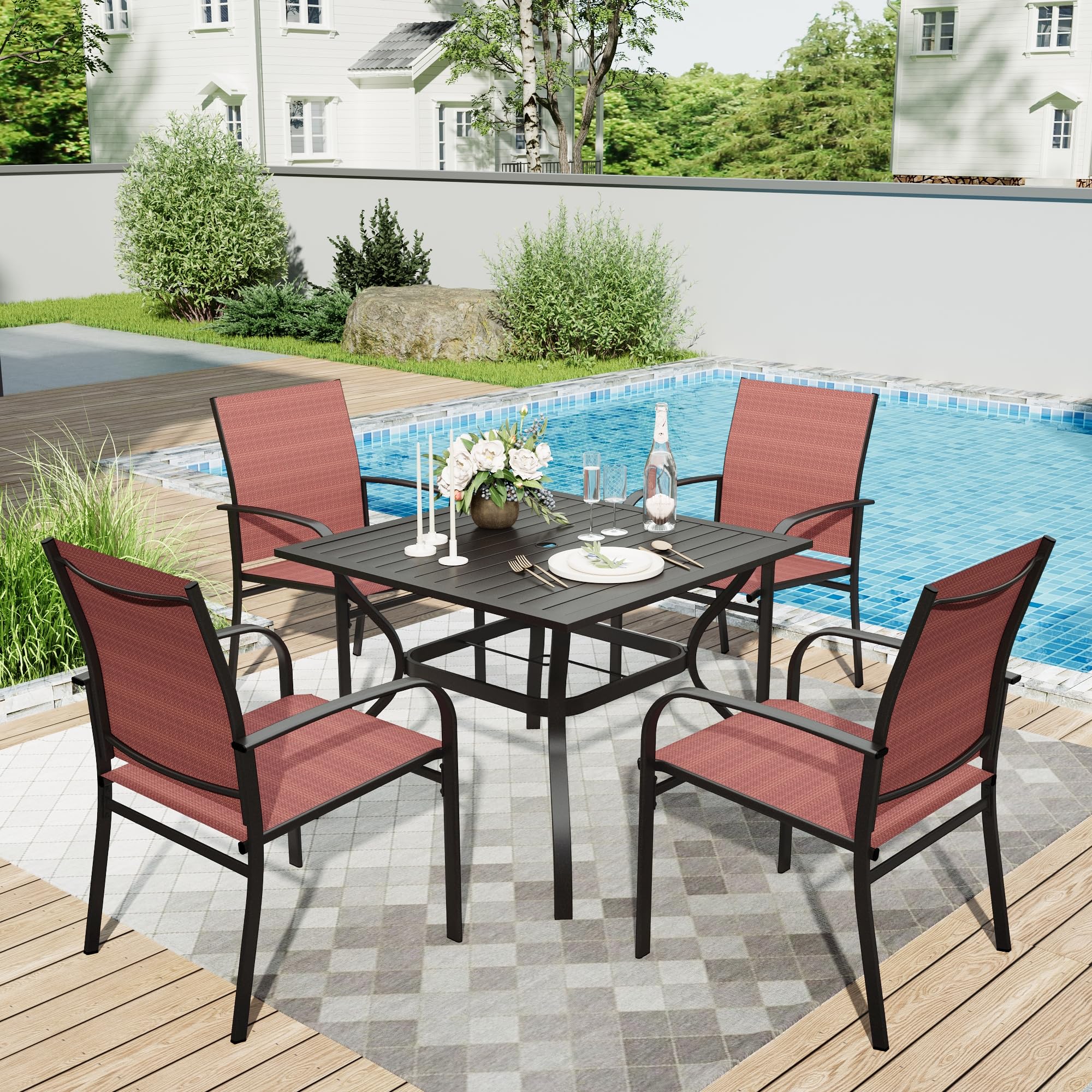Hera'S House 5 Pieces Patio Dining Set, Outdoor Table And Chairs Set For 4, 4 X Red Textilene Dining Chair, 37'' Square Metal Di