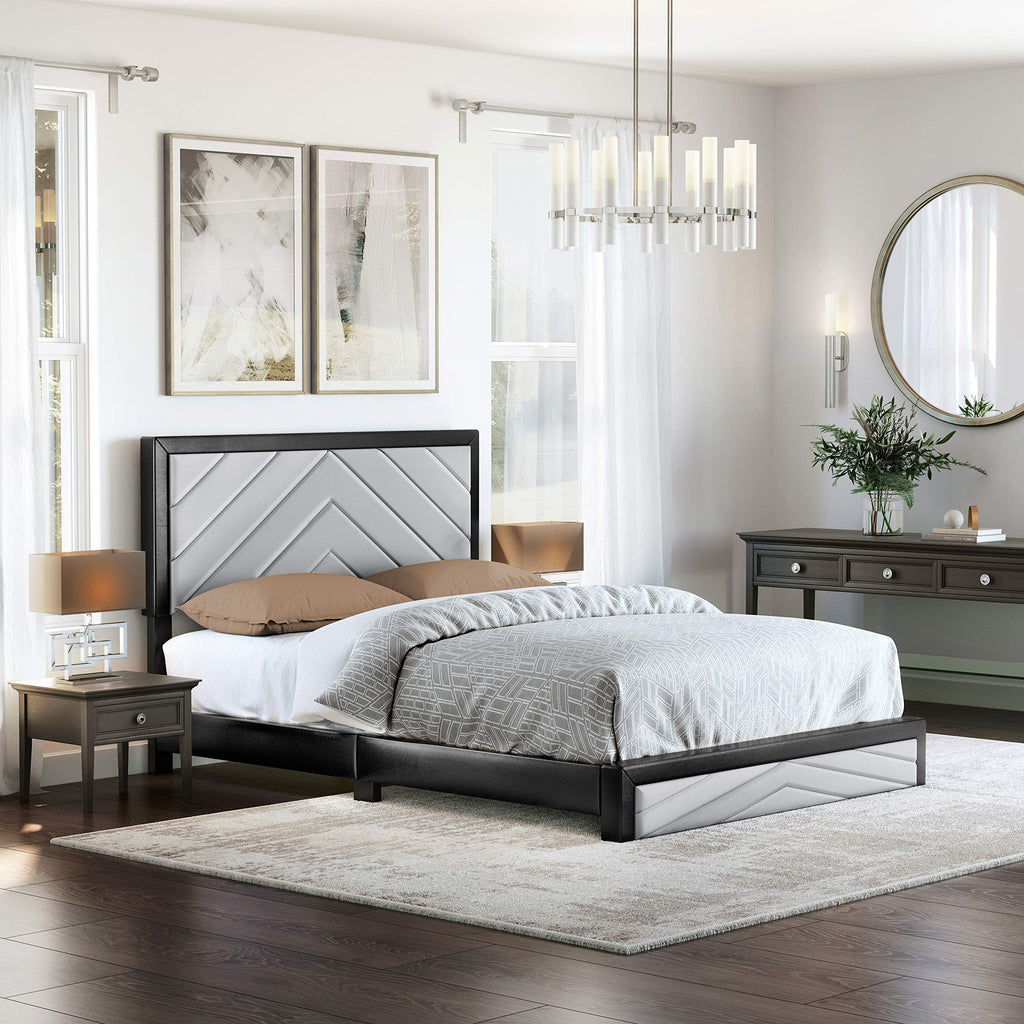 Boyd Sleep Arden Upholstered Platform Bed with Headboard, Mattress Foundation with Strong 14 Wood Slat Supports, No Box Spring Required, Black and Gray Faux Leather, Size King