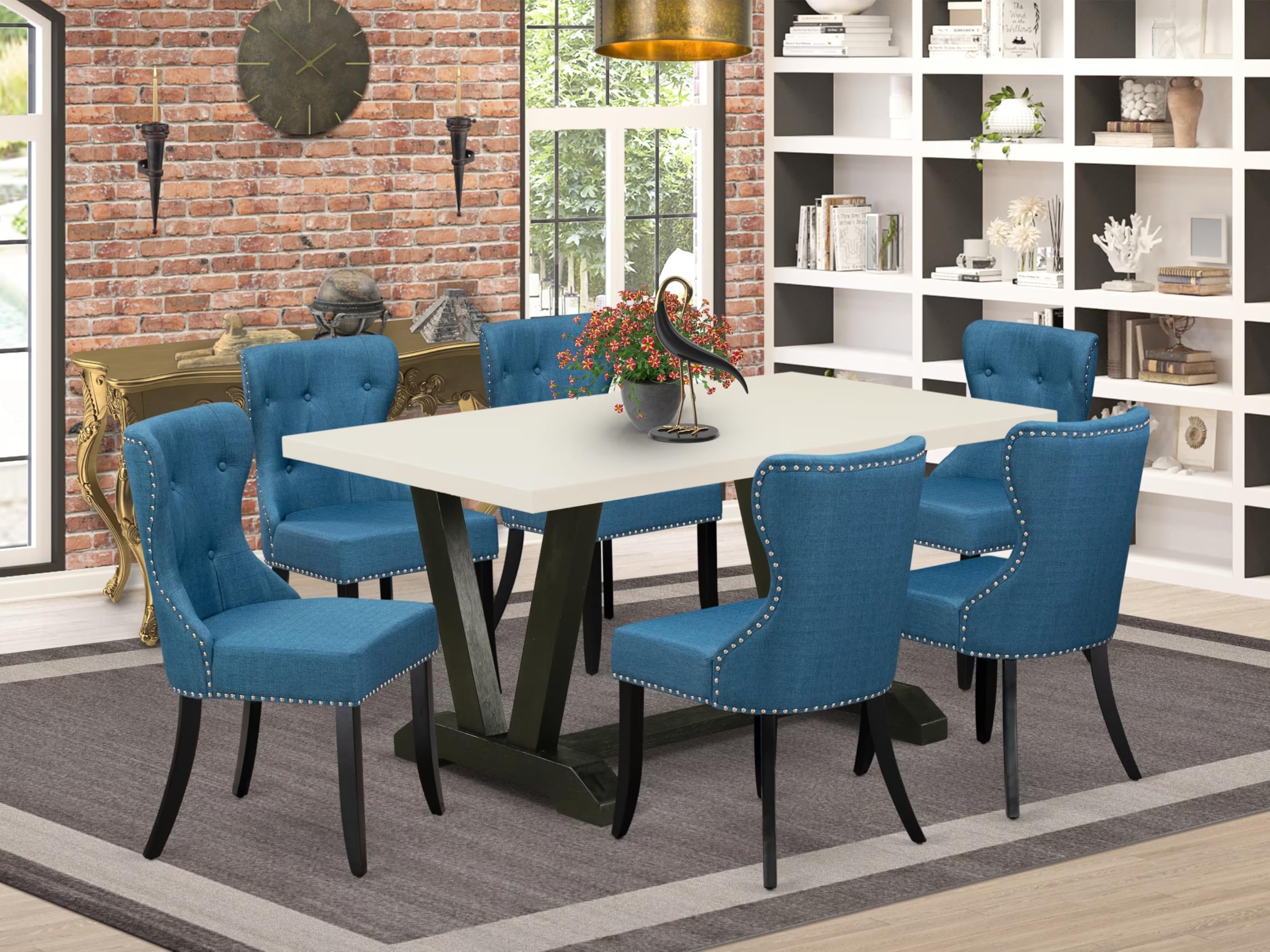 East West Furniture V626Si121-7 7 Piece Kitchen Table & Chairs Set Consist Of A Rectangle Dining Room Table With V-Legs And 6 Blue Linen Fabric Parsons Chairs, 36X60 Inch, Multi-Color