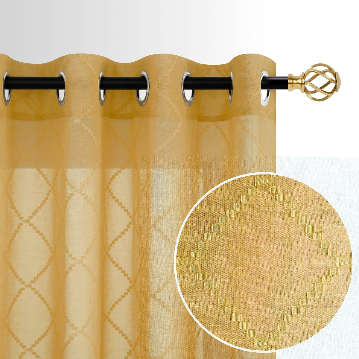 Koufall Gold Curtains For Living Room 84 Inches Long,Sheer Geometric Fancy Sheers Mid Century Modern Boho Curtains For Bedroom 2