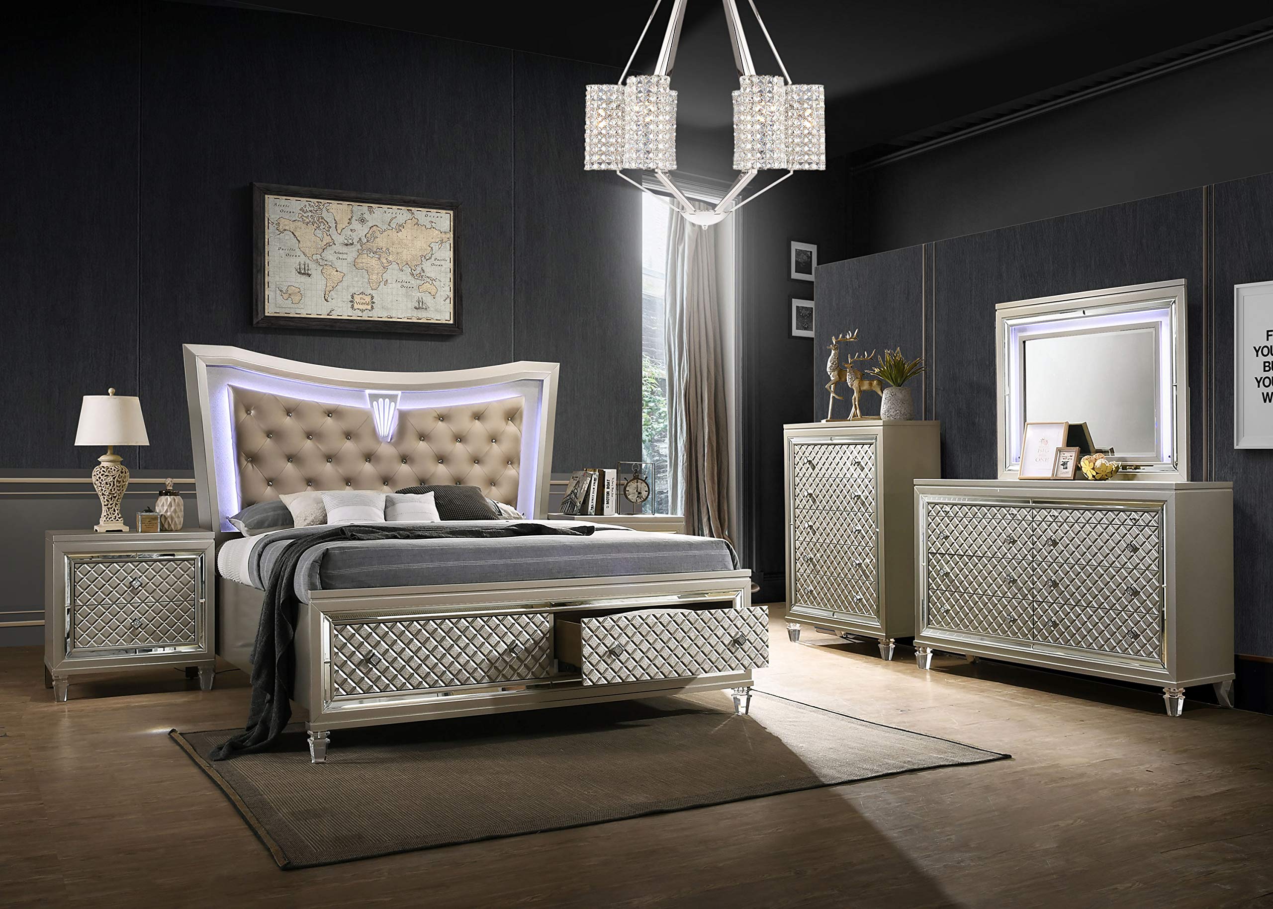 Best Quality Furniture Venetian 4Pc (California King Bed, Vanity Set And Nightstand), Champagne