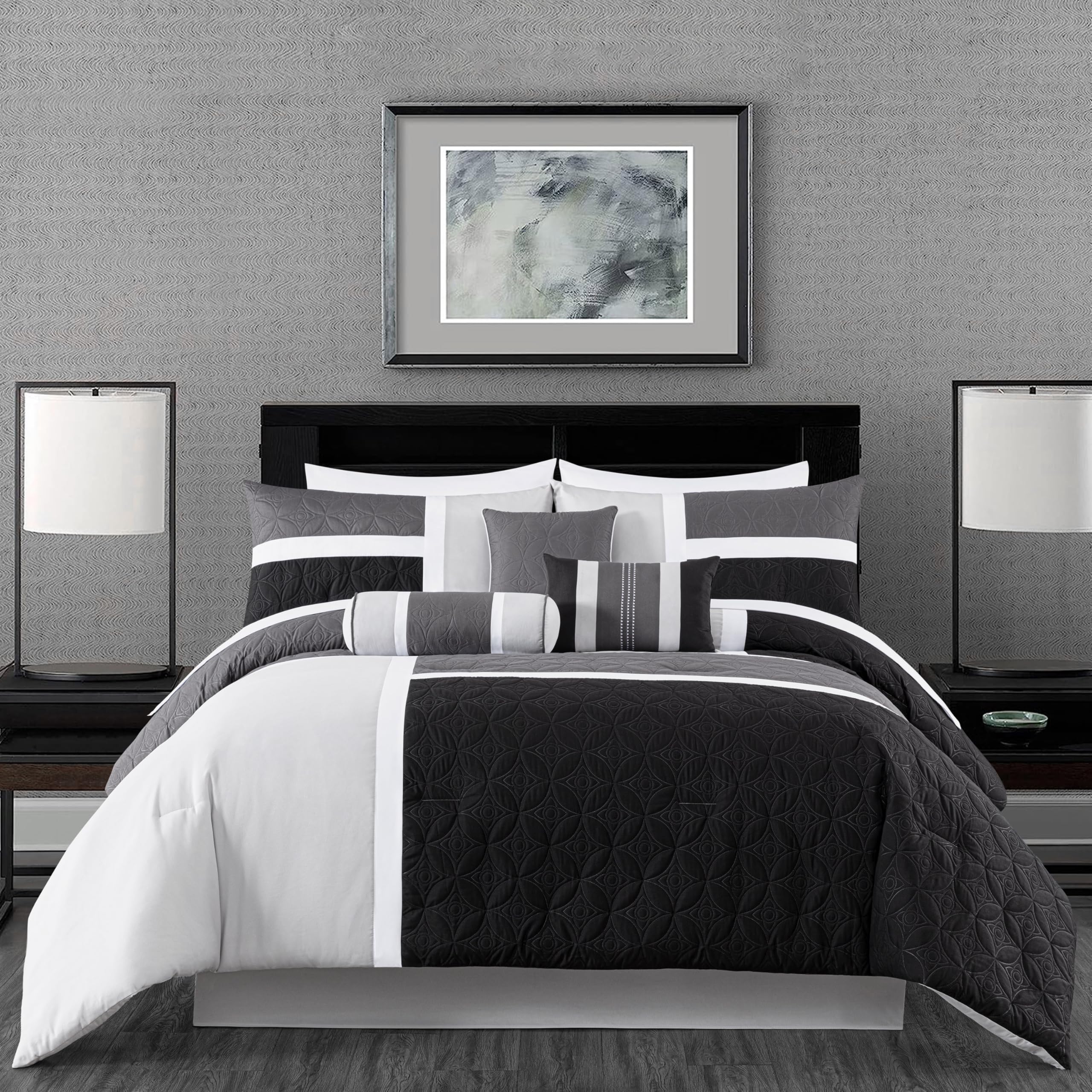 Chezmoi Collection Upland 7-Piece Quilted Patchwork Comforter Set, Black/Gray/Light Gray, Queen
