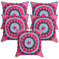 Stylo Culture Decorative Cotton Cushion Covers 16X16 Inch Suzani Embroidered Pom Pom Lace Pink & Blue Drawing Room Decor Floral