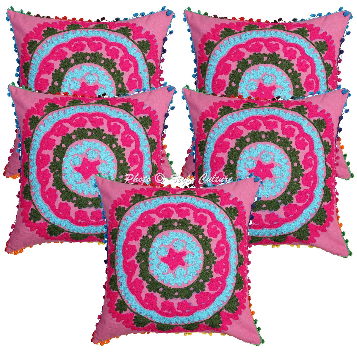 Stylo Culture Decorative Cotton Cushion Covers 16X16 Inch Suzani Embroidered Pom Pom Lace Pink & Blue Drawing Room Decor Floral
