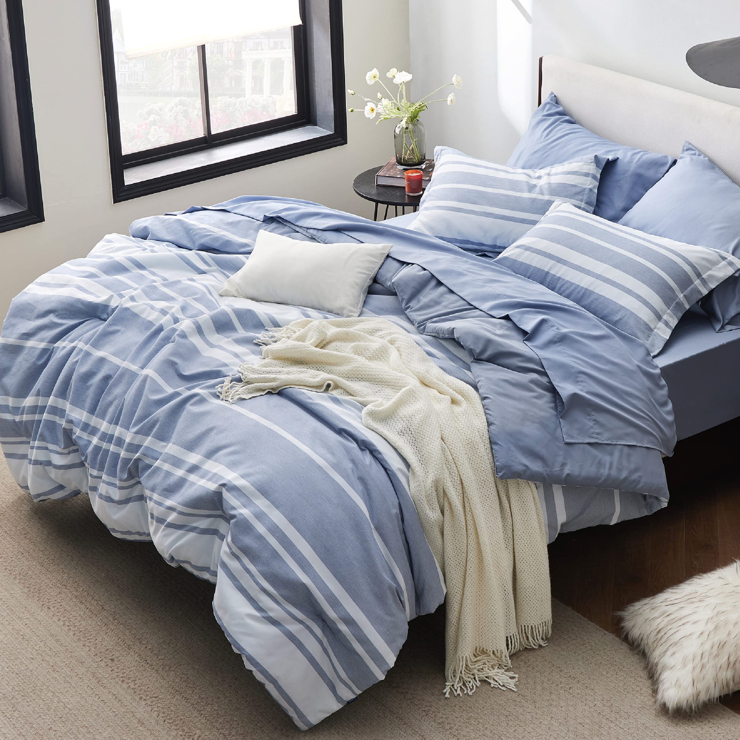 Bedsure Bedding Sets Queen 7 Pieces, Striped Blue Comforter Set Queen All Season Bed Set, Bed In A Bag Queen With Comforter, She