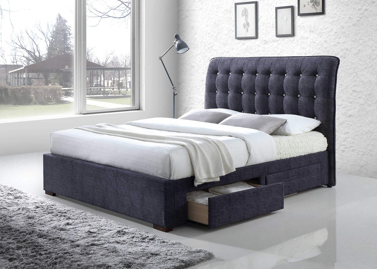 HomeRoots Furniture Queen Bed with Storage, Dark Gray Fabric - Fabric, Wood, LVL, Foam (285891)