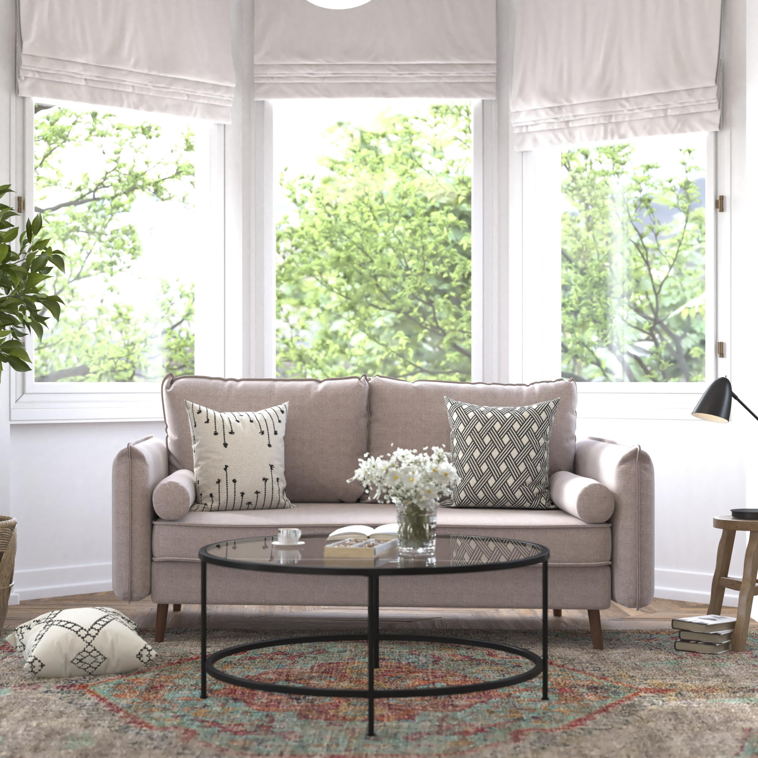 Flash Furniture Evie Mid-Century Modern Sofa - Taupe Faux Linen Fabric Upholstery - Real Wood Frame and Legs