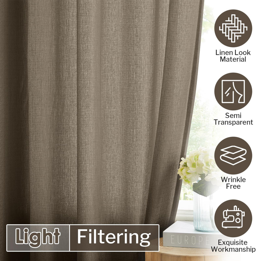 Melodieux Brown Semi Sheer Curtains 72 Inches Long For Bedroom, Living Room Linen Look Privacy Window Rod Pocket Sheer Drapes, 5