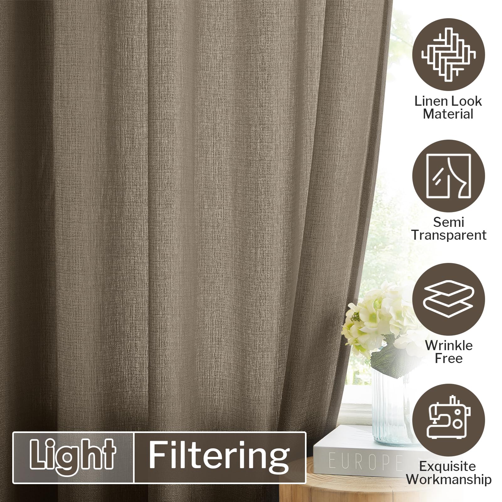Melodieux Brown Semi Sheer Curtains 72 Inches Long For Bedroom, Living Room Linen Look Privacy Window Rod Pocket Sheer Drapes, 5