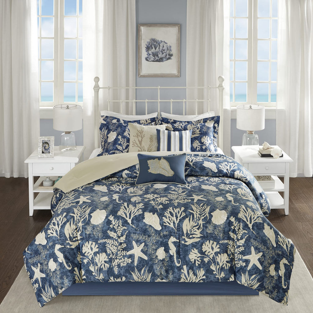 Madison Park 100% Cotton Comforter Set-Coastal Coral, Starfish Design All Season Down Alternative Cozy Bedding With Matching Shams, California King (104 In X 92 In), Blue 7 Piece