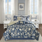 Madison Park 100% Cotton Comforter Set-Coastal Coral, Starfish Design All Season Down Alternative Cozy Bedding With Matching Shams, California King (104 In X 92 In), Blue 7 Piece