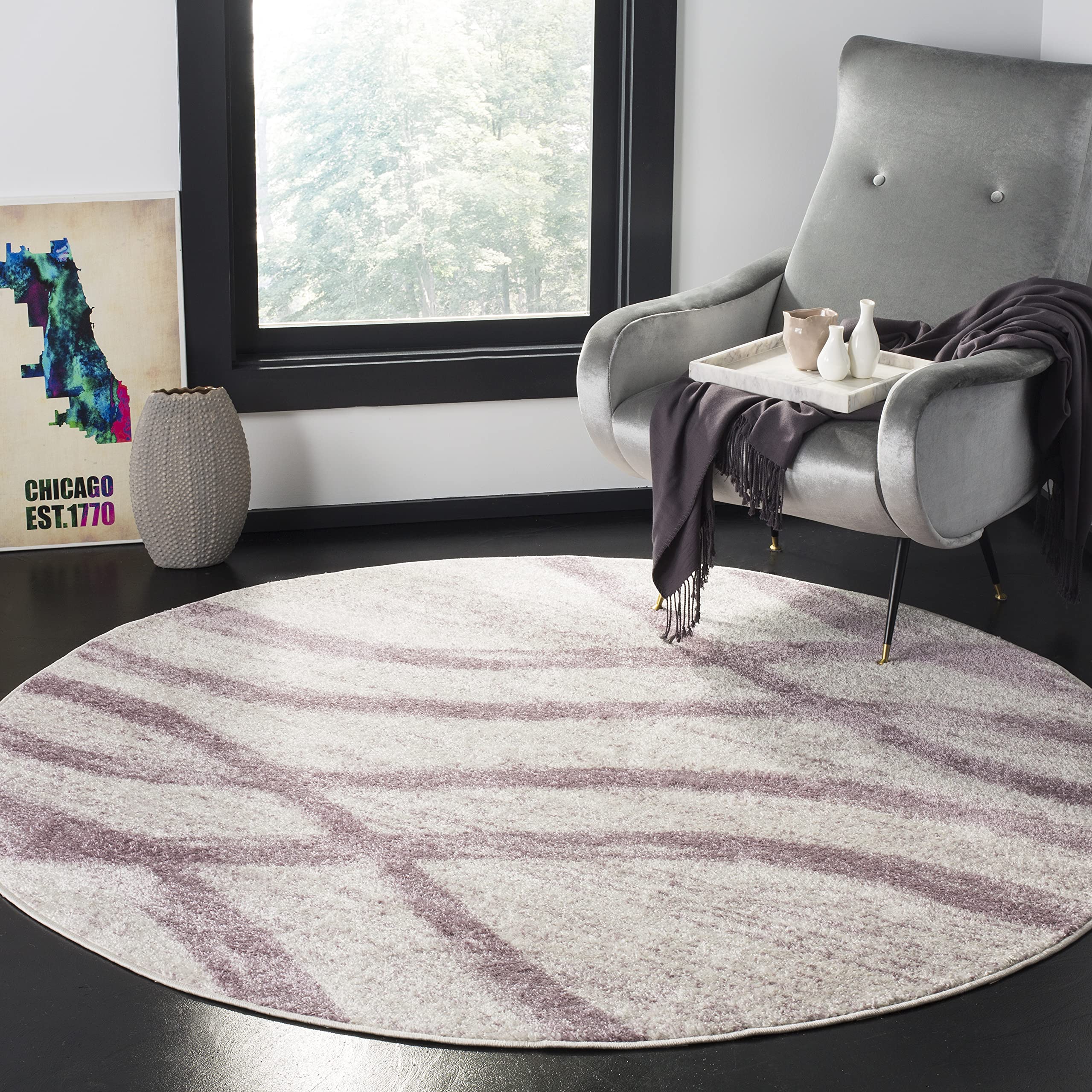 SAFAVIEH Adirondack Collection Area Rug - 8' Round, Cream & Purple, Modern Wave Distressed Design, Non-Shedding & Easy Care, Ide