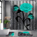 Poedist 4 Pcs Bathroom Set,Green Rose Shower Curtain Sets, Romantic Shower Curtain Sets with Rugs(Bath Mat,U Shape and Toilet Li