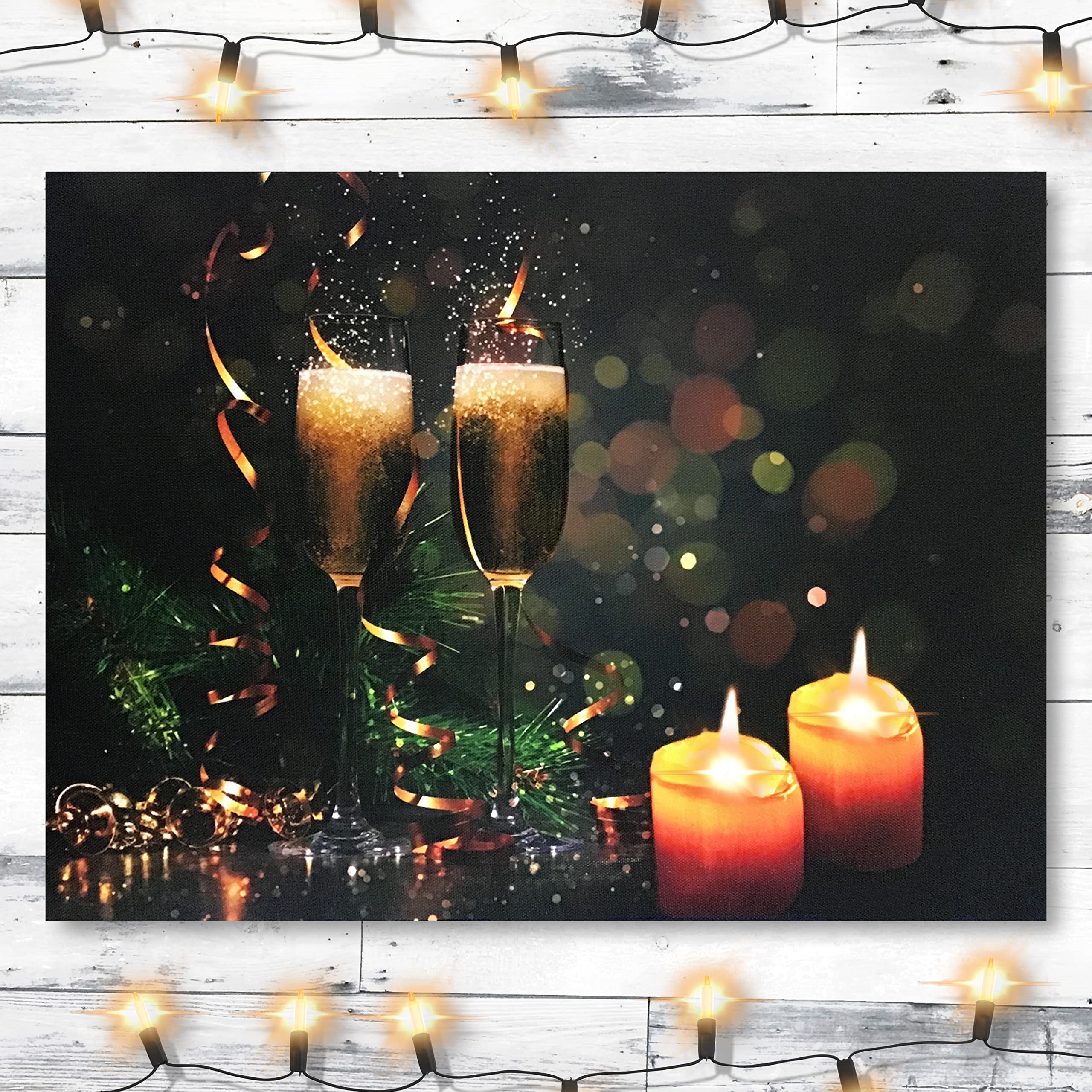 Banberry Designs Lighted Canvas Wine Print - Champagne Glasses And Confetti - Candles Glowing - 12'' H X 16'' L