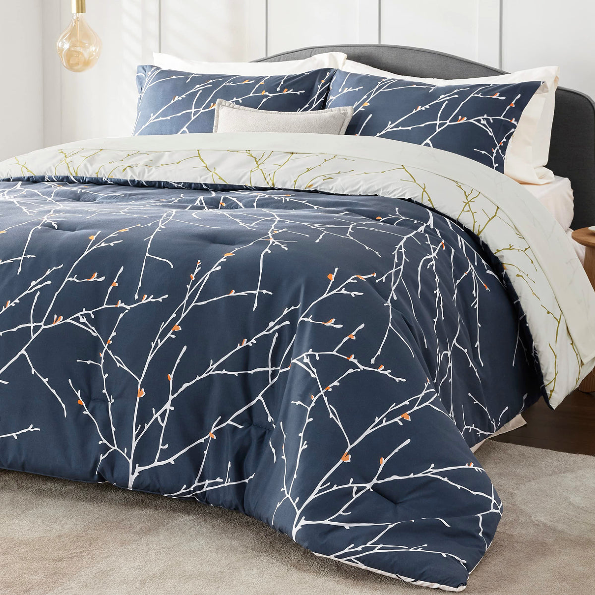 Bedsure Queen Comforter Sets - 7 Pieces Floral Navy Blue Bed Set, Tree Branch Pattern Printed Bed In A Bag Queen With Comforter,